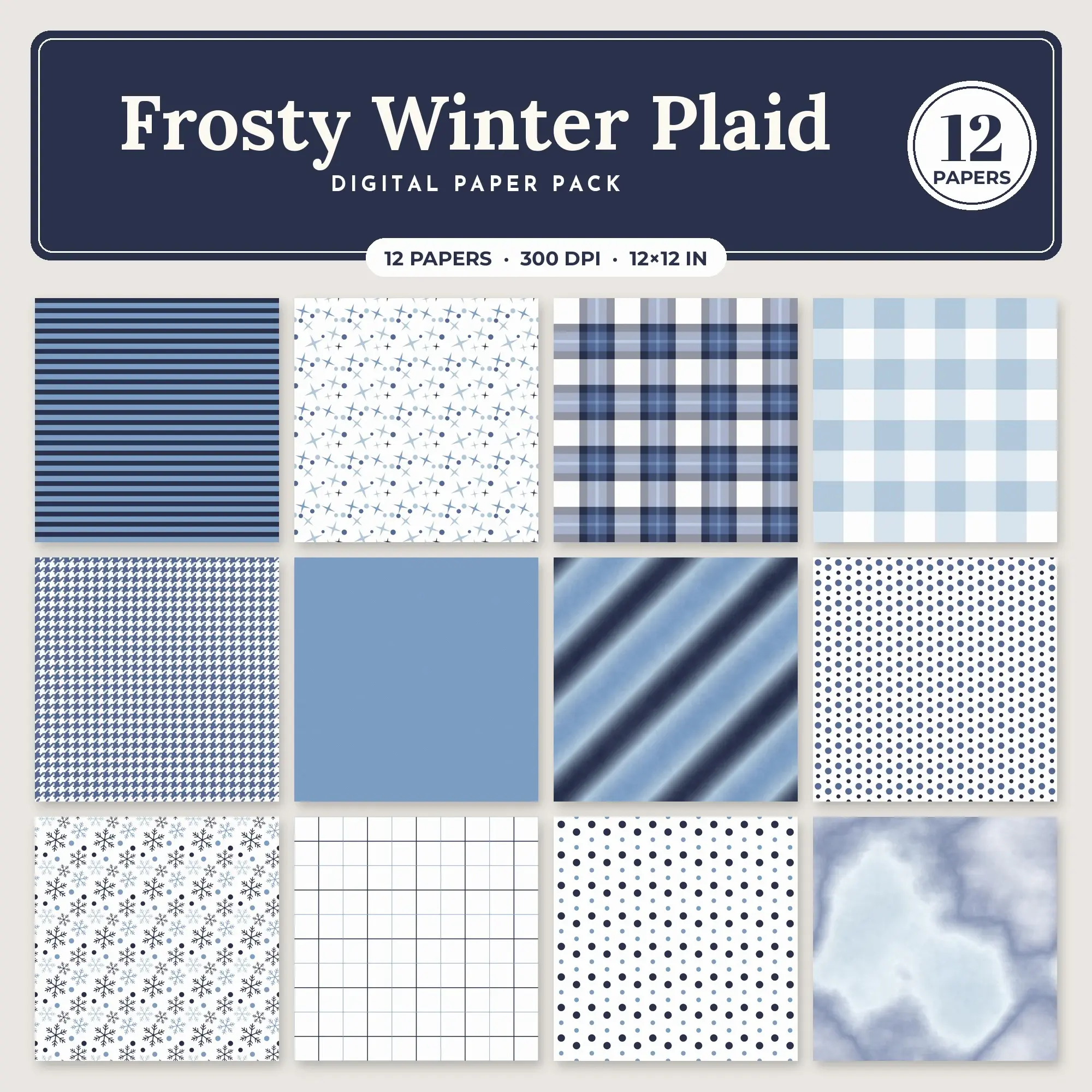 12 Dusty Blue Frosty Winter Plaid Seamless Patterns – Digital Paper preview