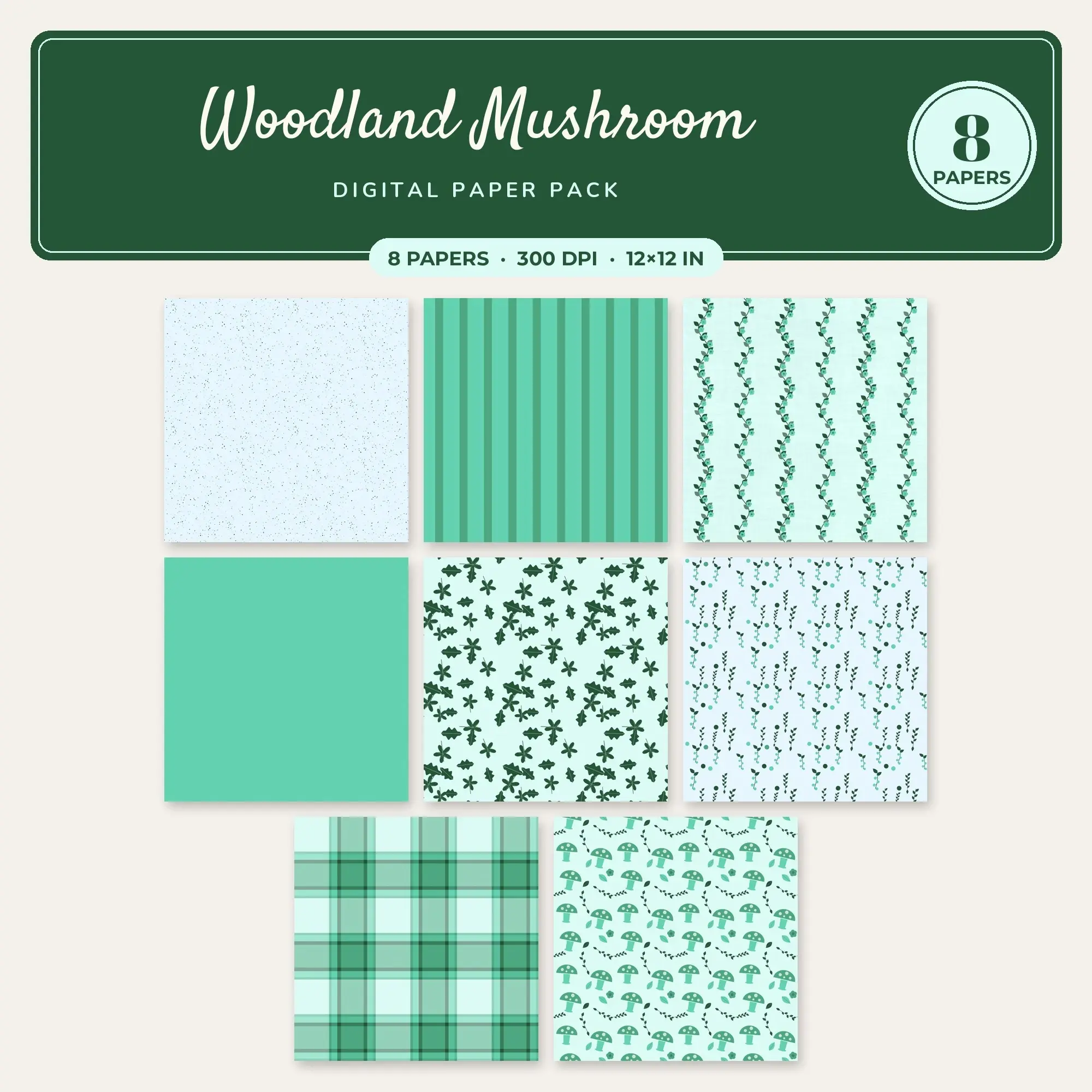 Aqua & Turquoise Woodland Mushroom Digital Paper Pack – 8 Seamless Patterns preview