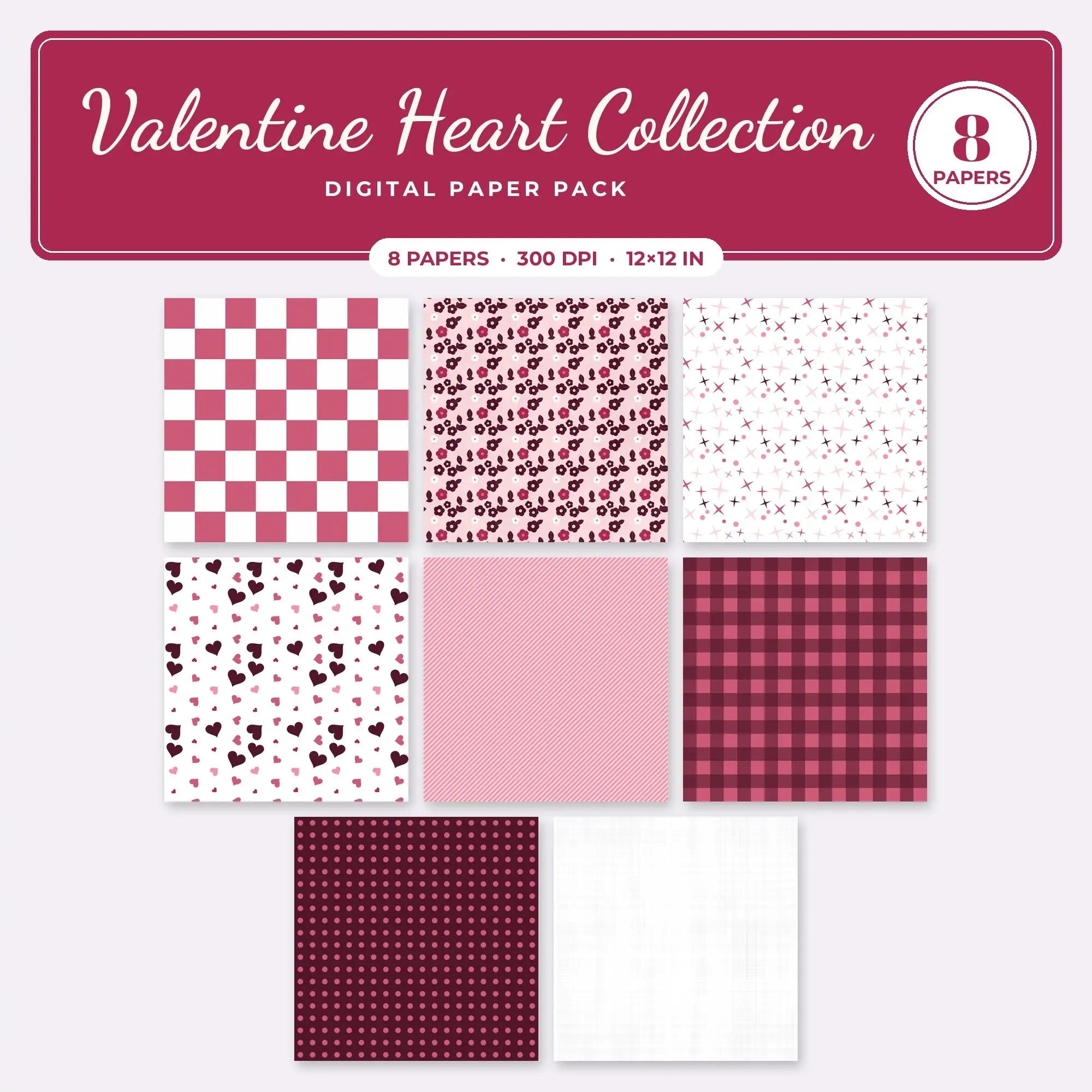 Bubblegum Valentine Heart Collection Seamless Digital Paper Pack, 8 Papers 12x12 preview