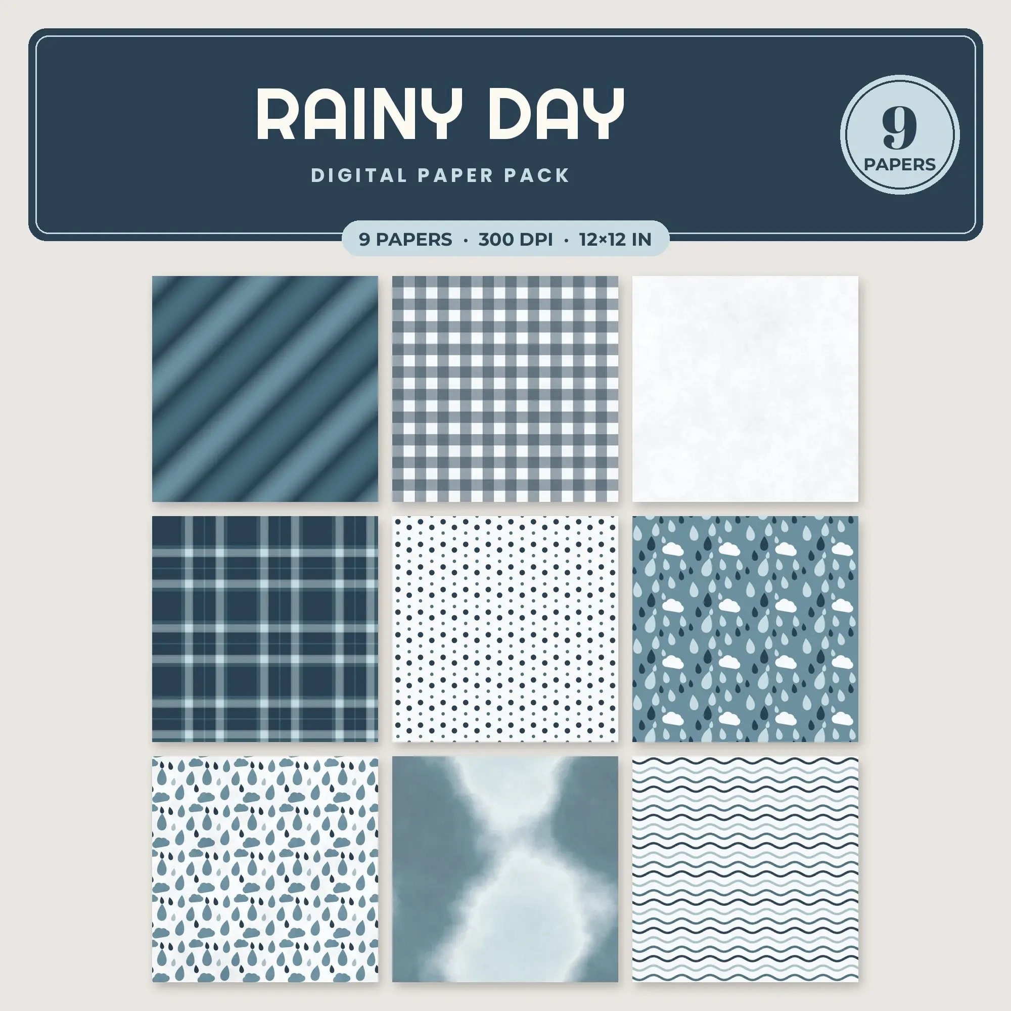 Rainy Day Digital Paper – 9 Seamless Peacock & Steel Blue Patterns preview
