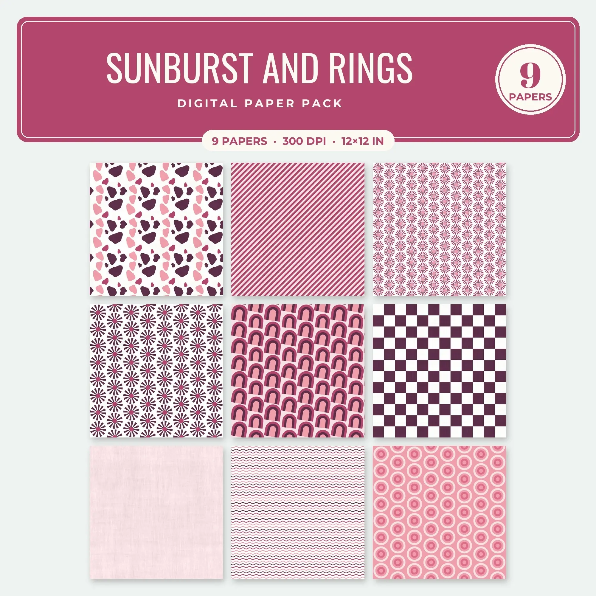 Dusty Rose Sunburst and Rings Seamless Digital Paper Pack, 9 Papers 12x12 preview