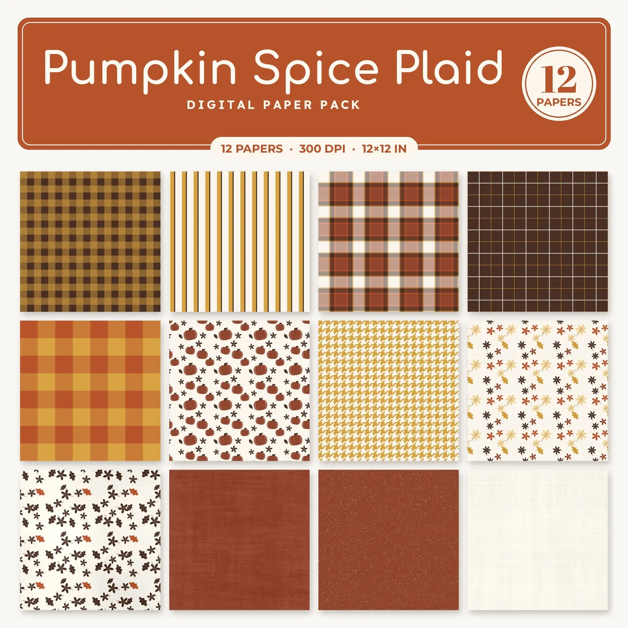 Pumpkin Spice Plaid Digital Paper – 12 Seamless Honey & Rust Patterns preview