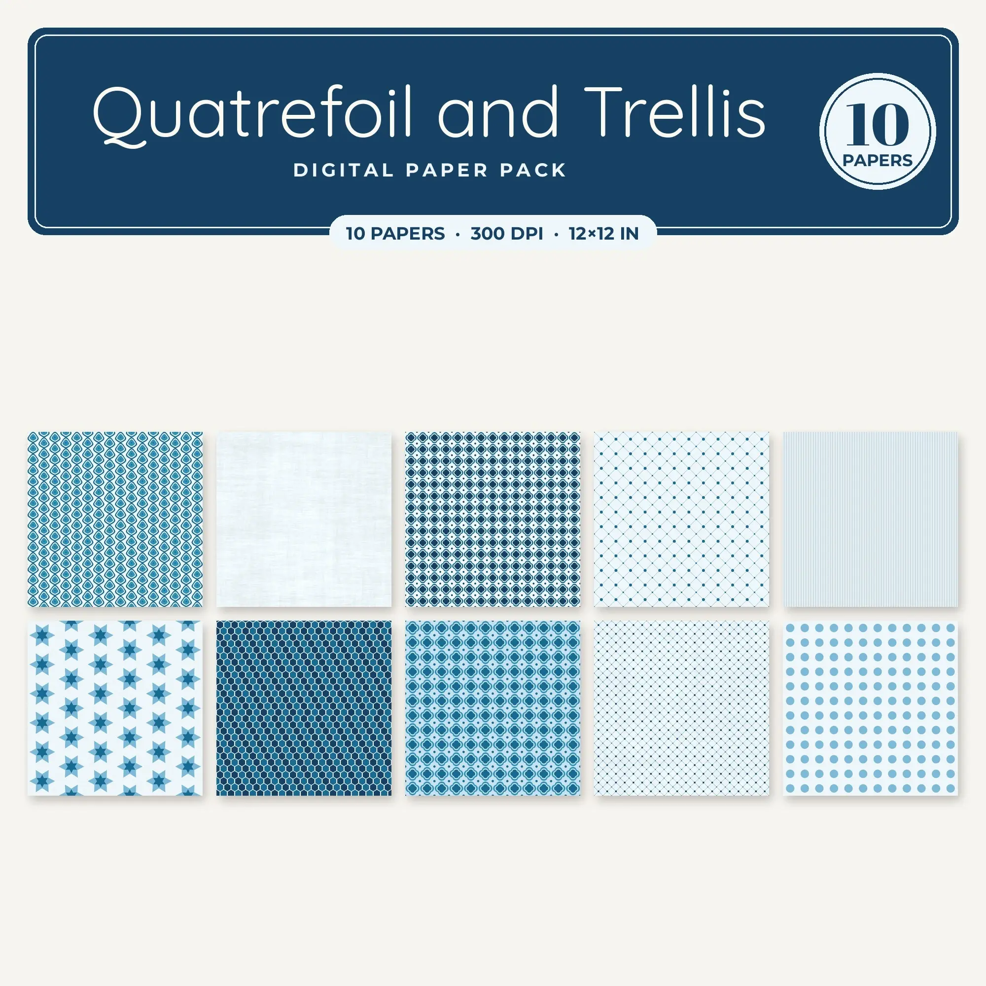 Quatrefoil and Trellis Seamless Pattern Papers in Ocean Blue and Steel Blue – 10 Pack preview