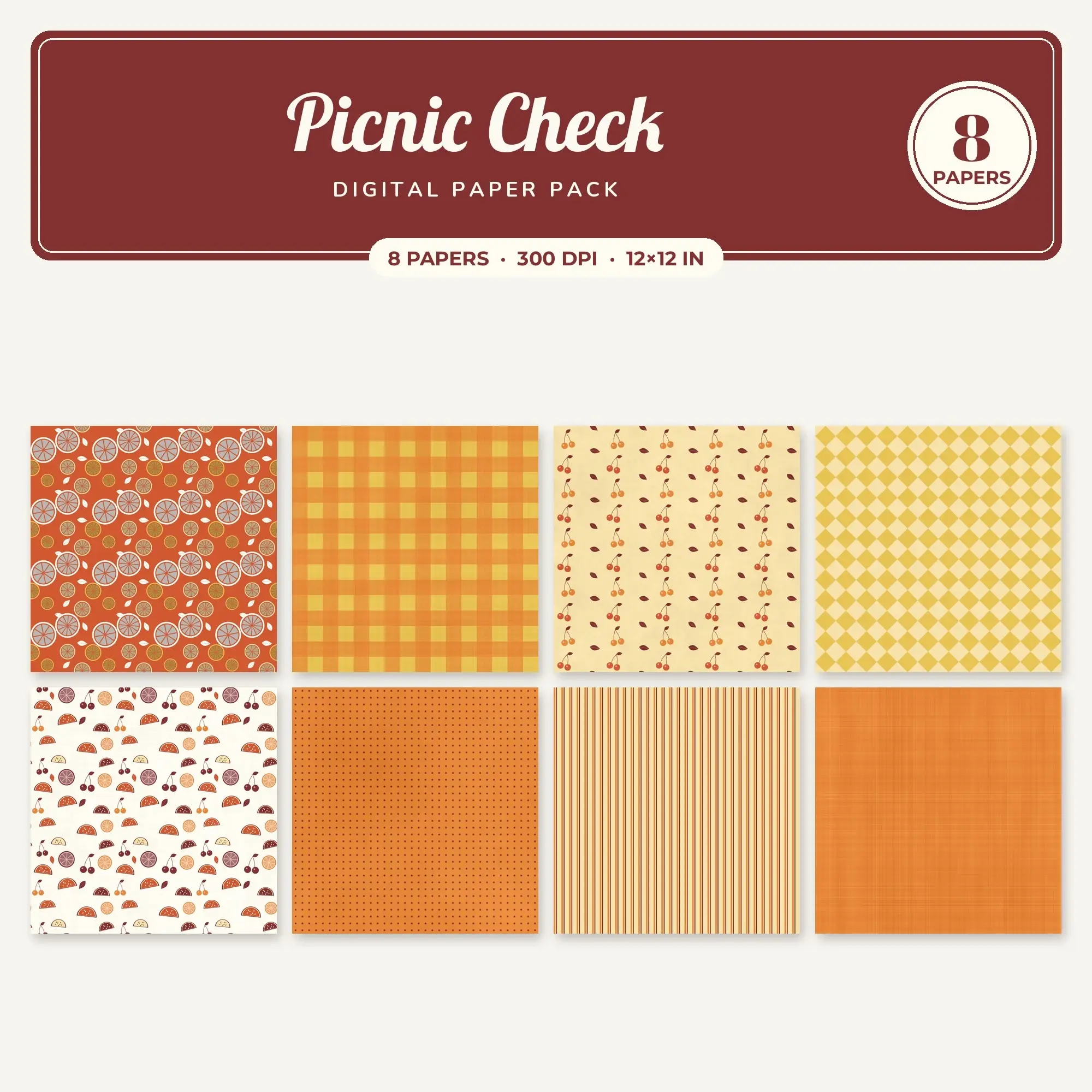 Pumpkin & Honey Picnic Check Seamless Digital Paper – 8 Papers, 12x12 JPG preview