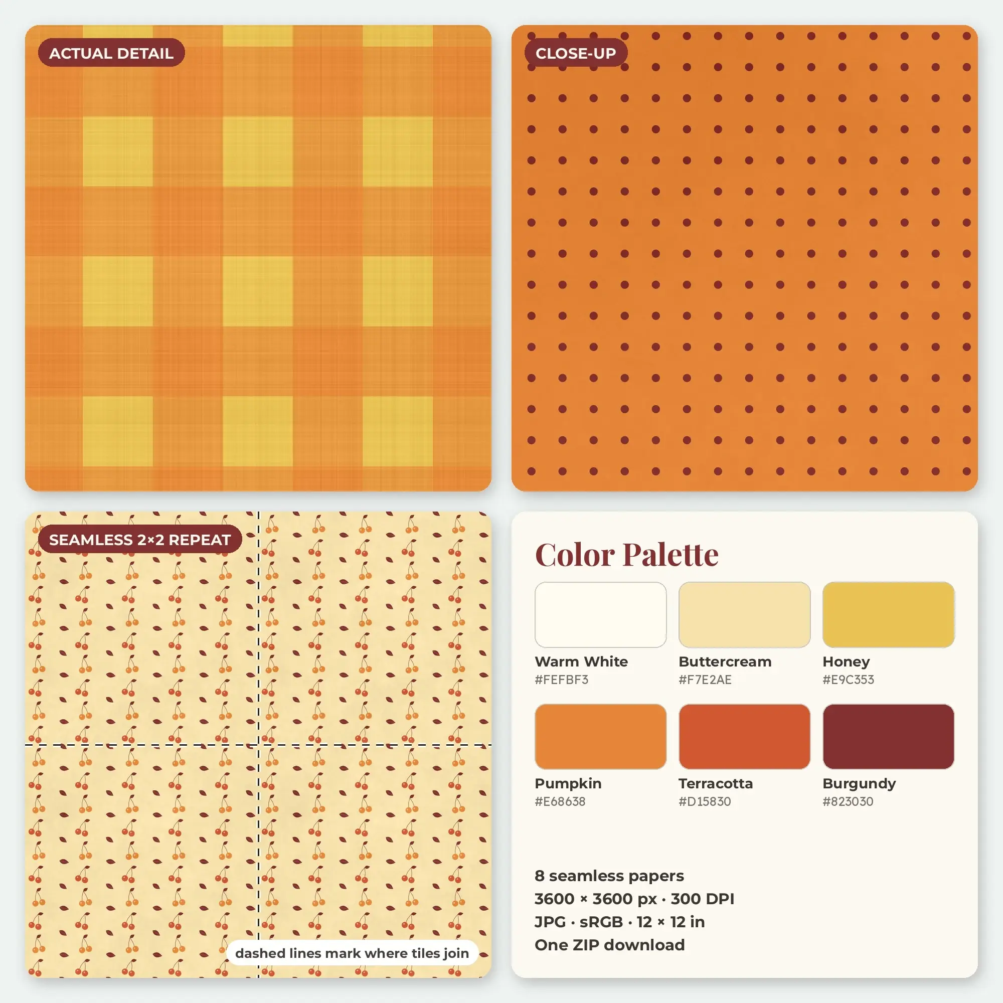 Pumpkin & Honey Picnic Check Seamless Digital Paper – 8 Papers, 12x12 JPG, preview 2 of 2