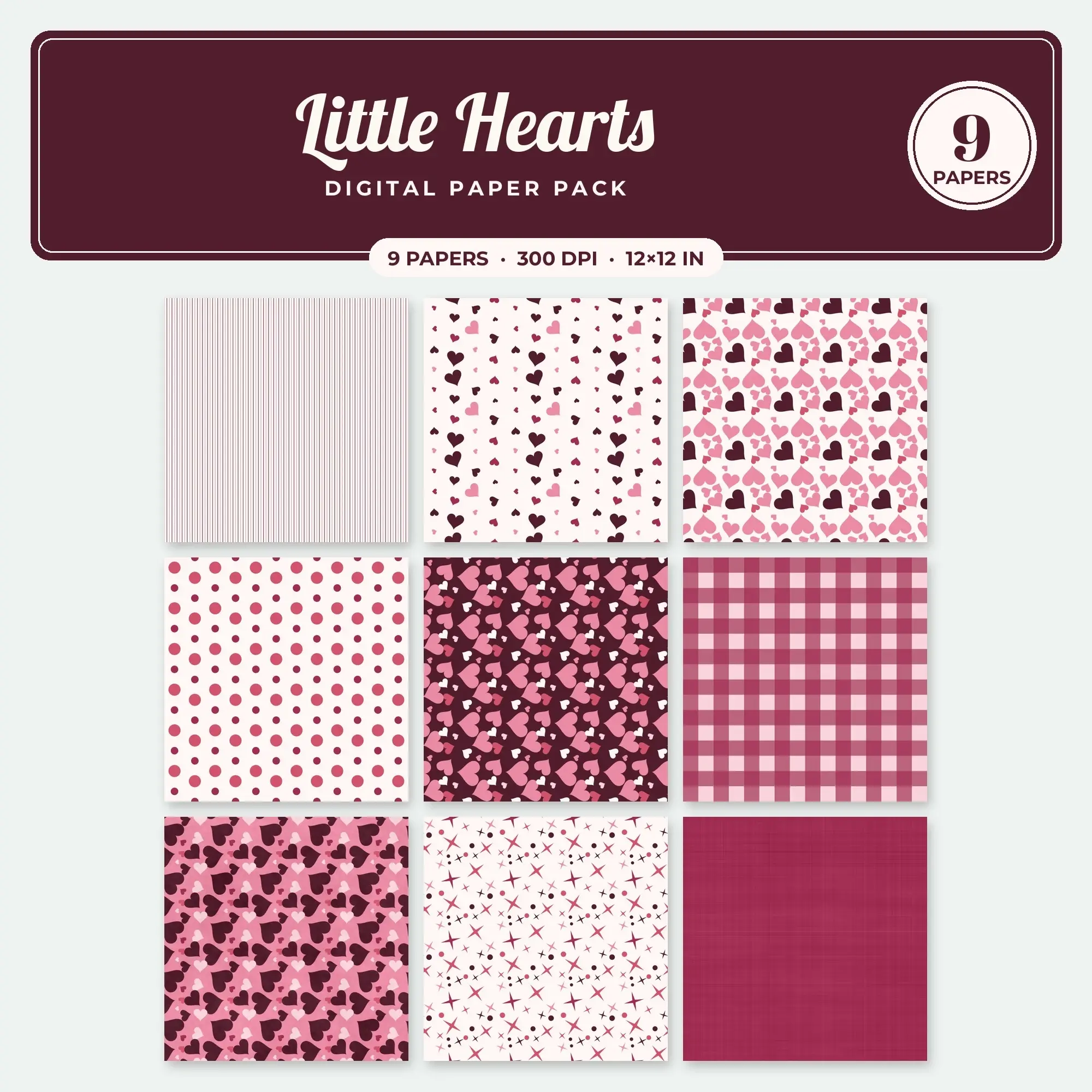 Little Hearts Digital Paper – 9 Seamless Bubblegum & Watermelon Patterns preview