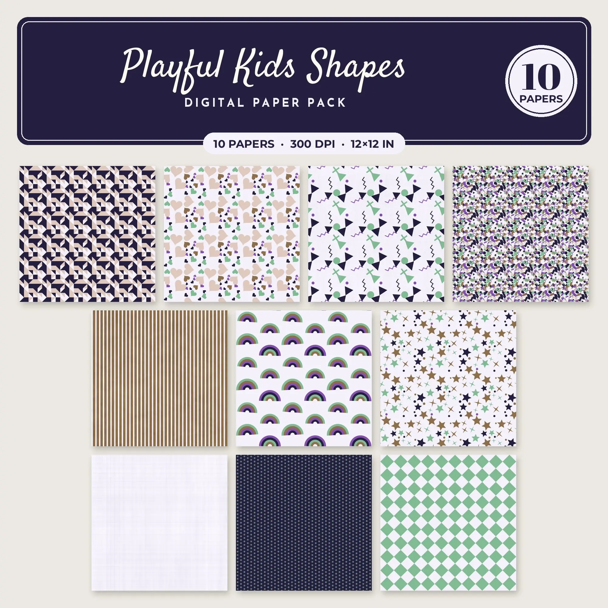 Violet Playful Kids Shapes Seamless Digital Paper Pack, 10 Papers 12x12 preview
