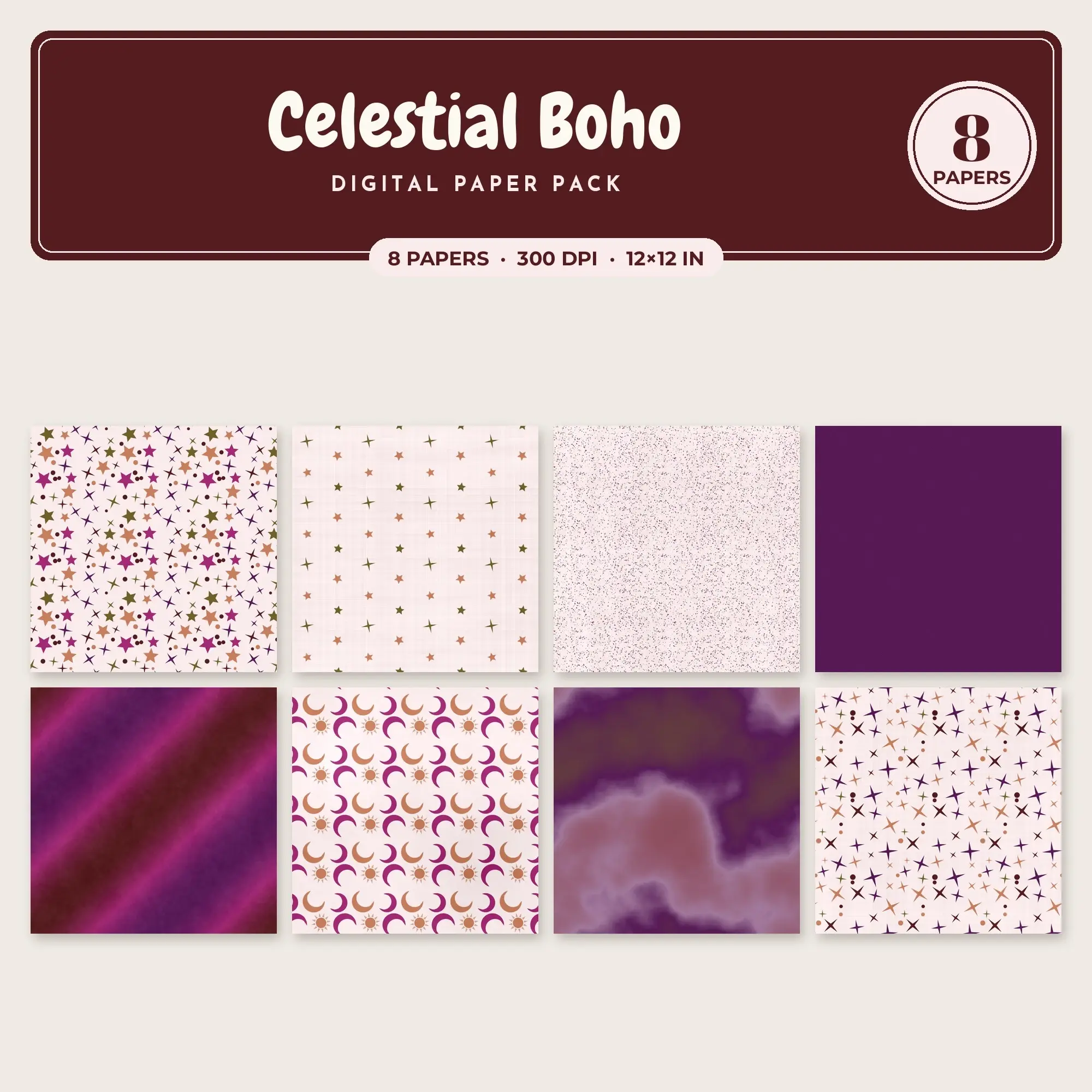 Celestial Boho Seamless Pattern Papers in Fuchsia and Copper – 8 Pack preview