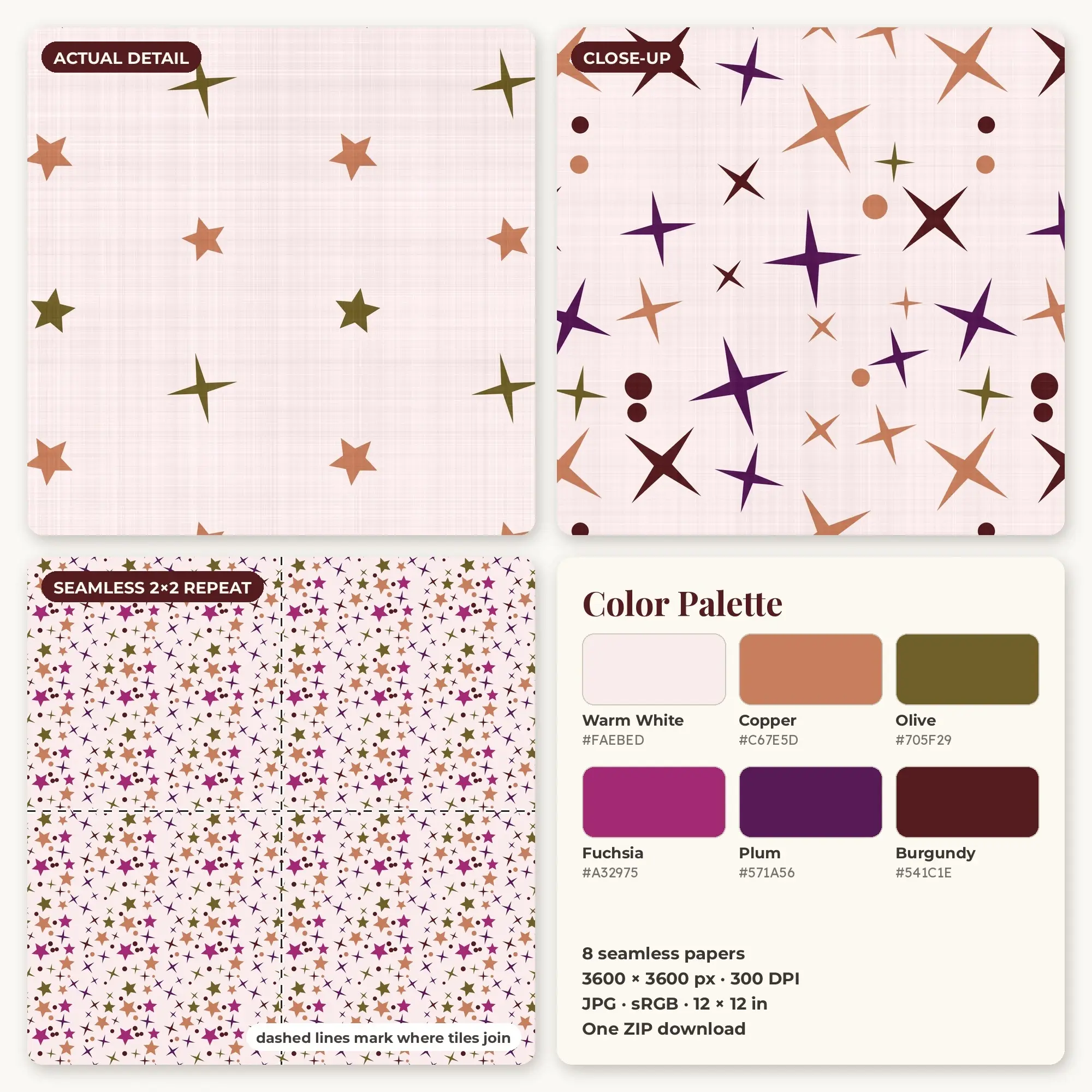 Celestial Boho Seamless Pattern Papers in Fuchsia and Copper – 8 Pack, preview 2 of 2