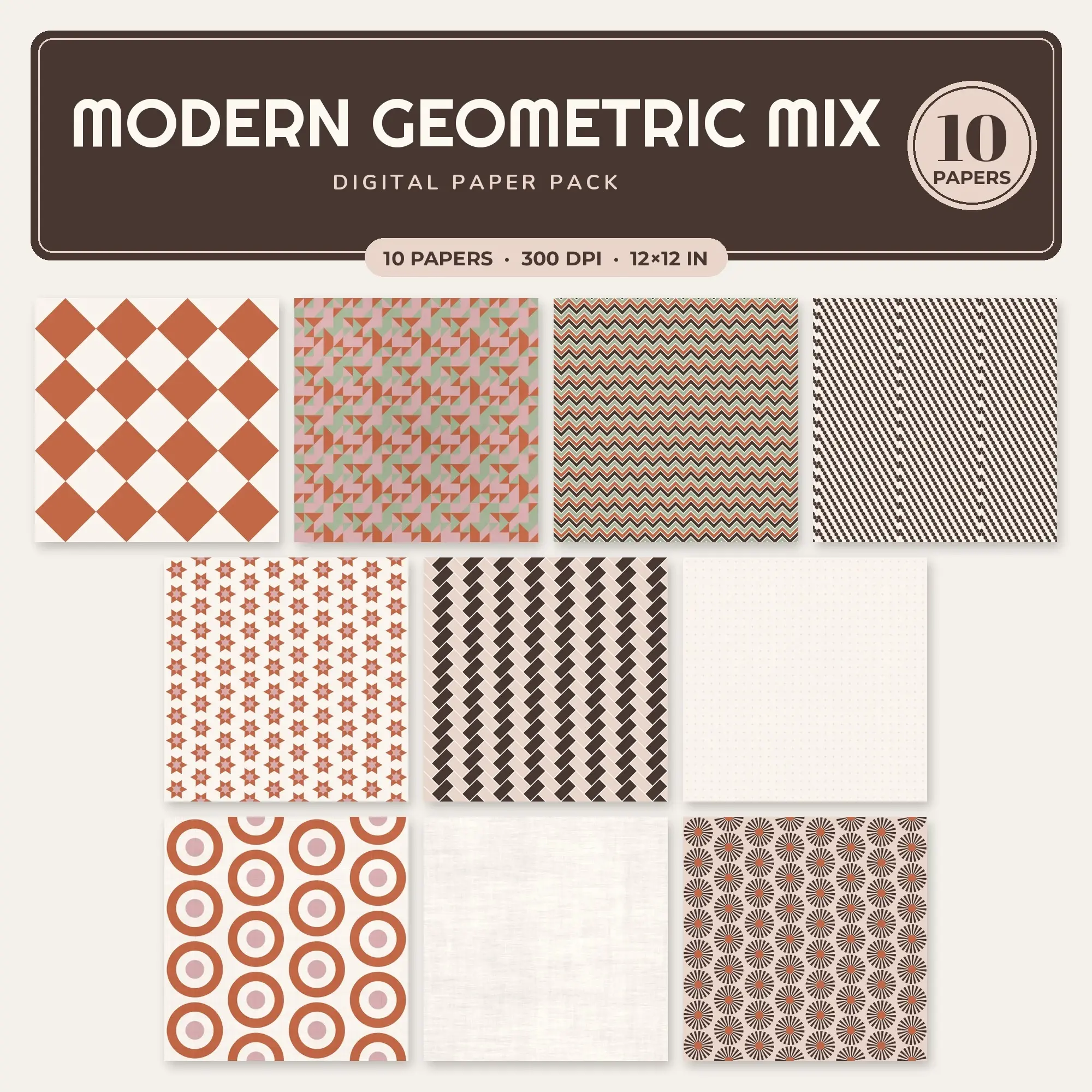 Terracotta & Dusty Rose Modern Geometric Mix Digital Paper Pack – 10 Seamless Patterns preview