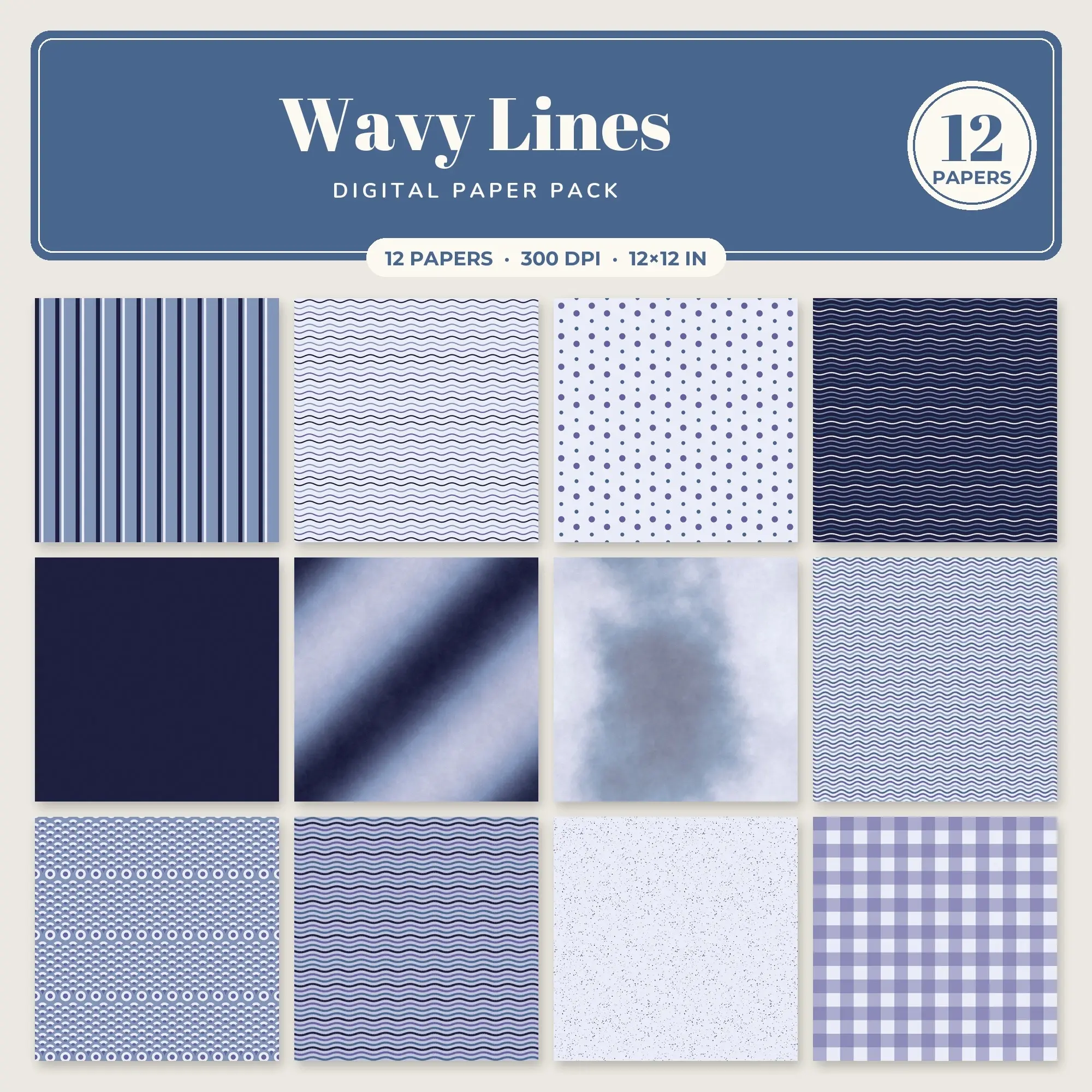 Wavy Lines Digital Paper – 12 Seamless Denim & Dusty Blue Patterns preview