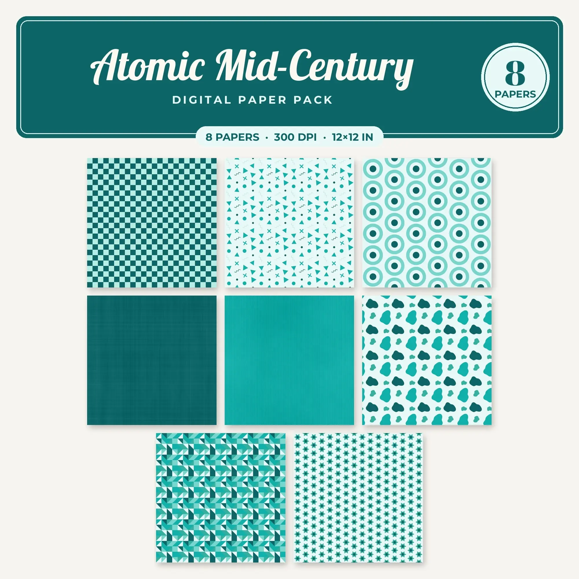Atomic Mid-Century Seamless Pattern Papers in Turquoise and Deep Teal – 8 Pack preview