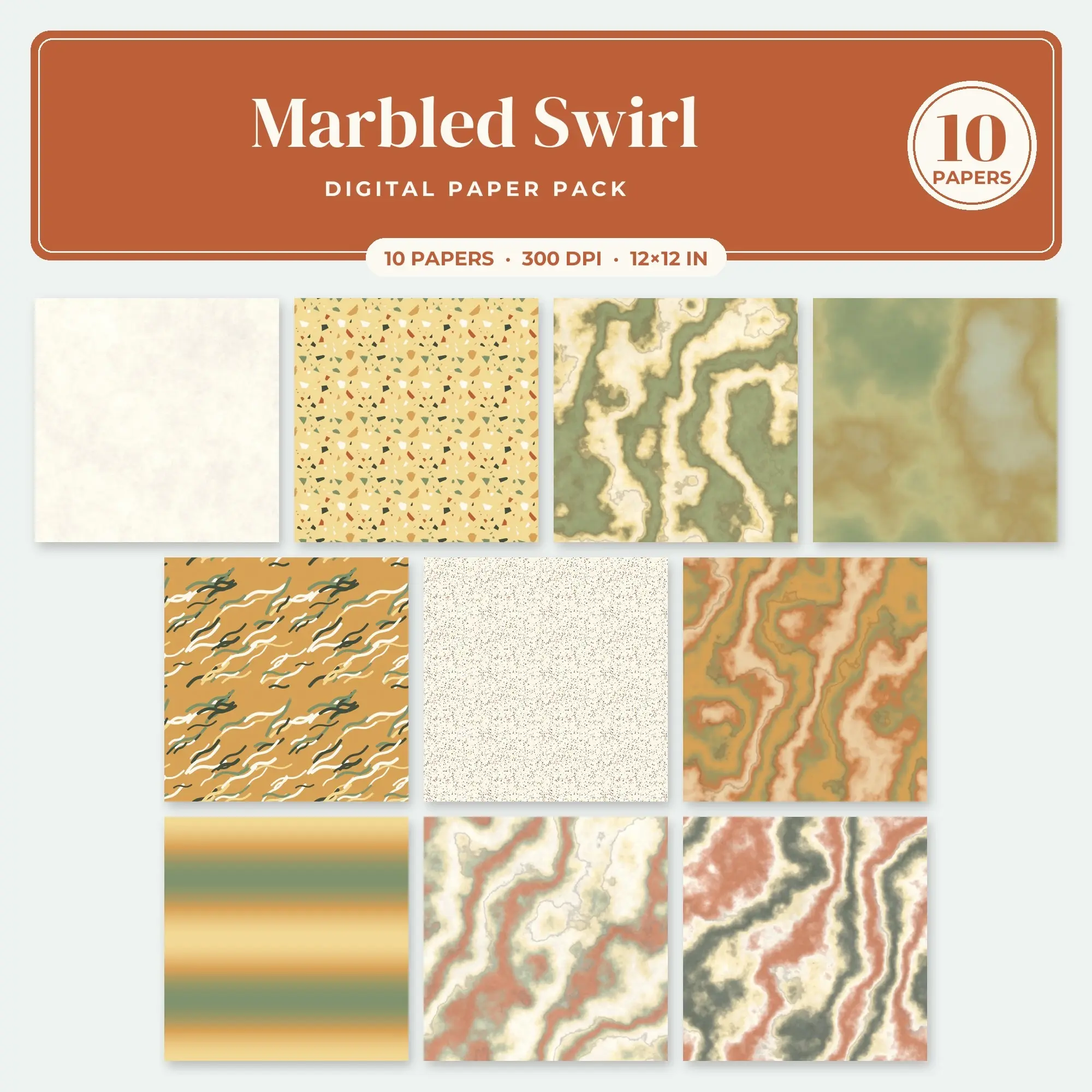 Marbled Swirl Digital Paper – 10 Seamless Gold & Terracotta Patterns preview