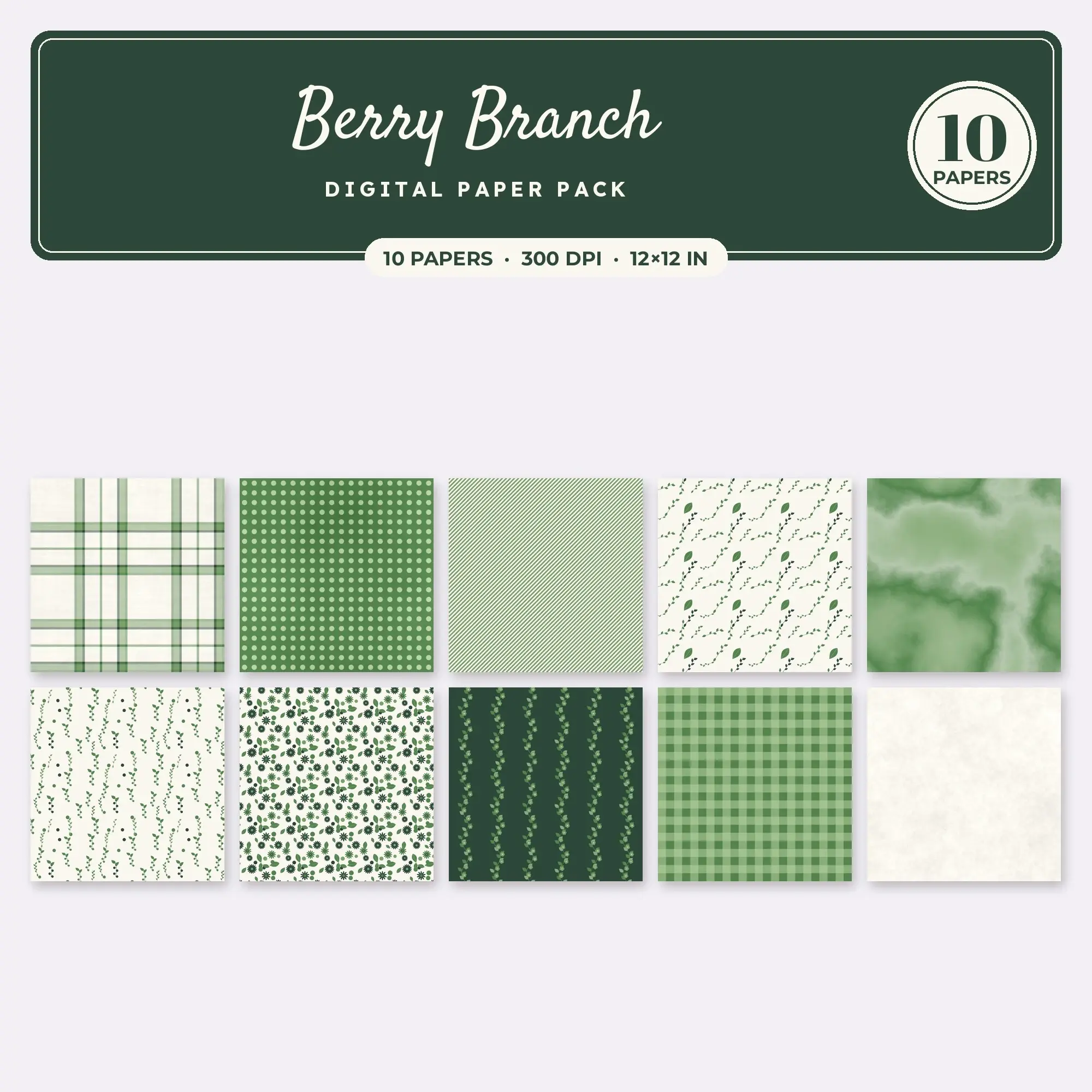 Pistachio Berry Branch Seamless Digital Paper Pack, 10 Papers 12x12 preview