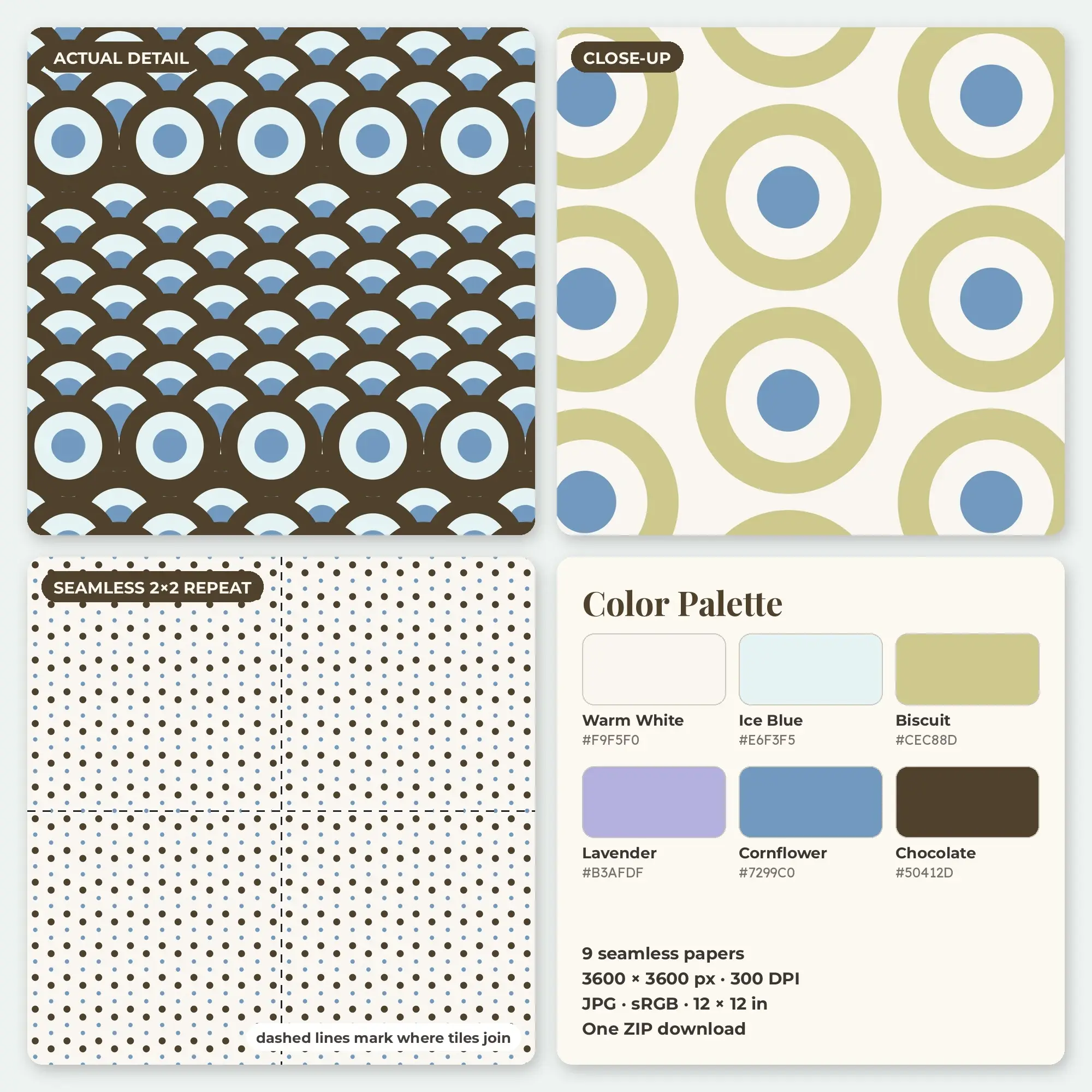 Cornflower & Lavender Seigaiha Waves Digital Paper Pack – 9 Seamless Patterns, preview 2 of 2