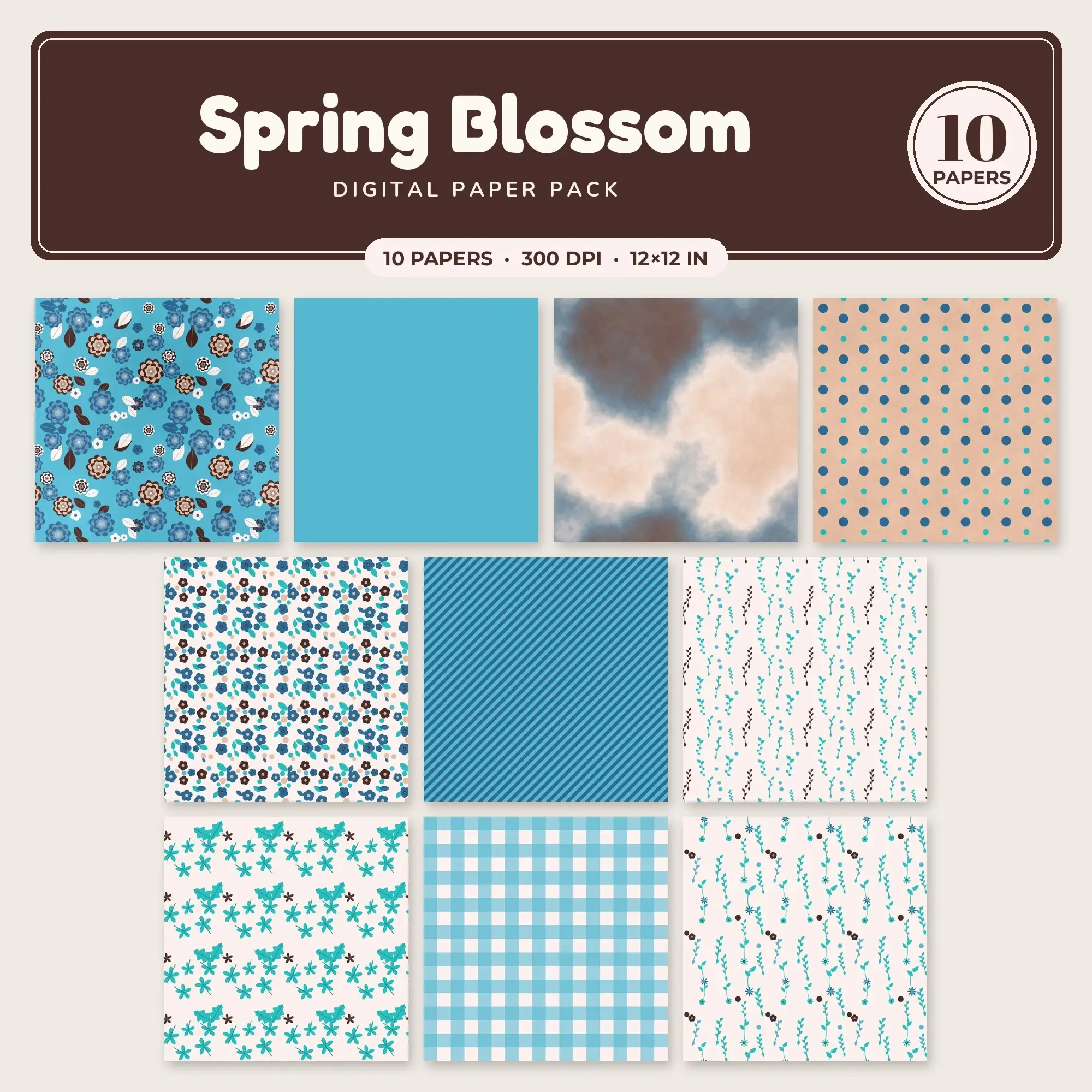 Spring Blossom Seamless Pattern Papers in Turquoise and Lagoon – 10 Pack preview