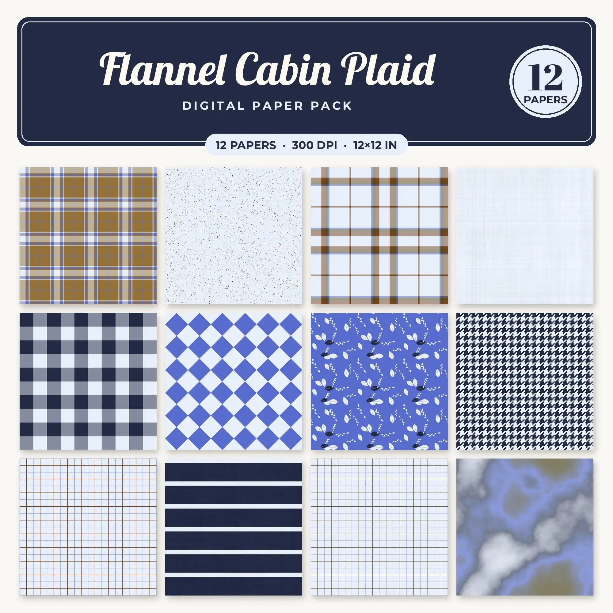 Flannel Cabin Plaid Seamless Pattern Papers in Royal Blue and Cinnamon – 12 Pack preview