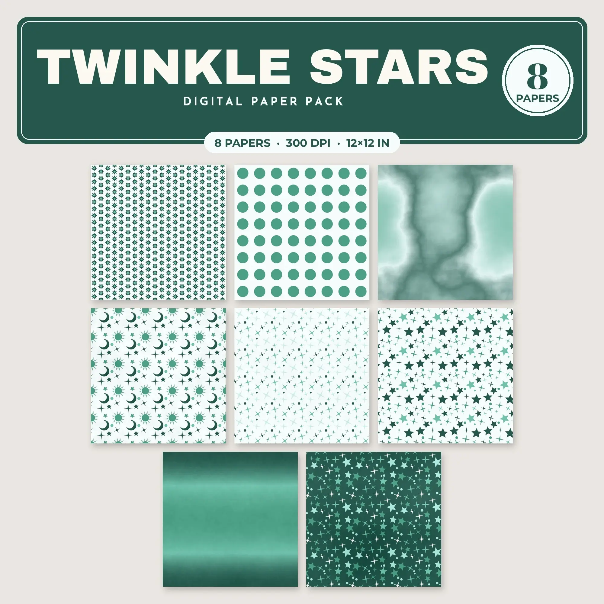 Seafoam & Aqua Twinkle Stars Digital Paper Pack – 8 Seamless Patterns preview