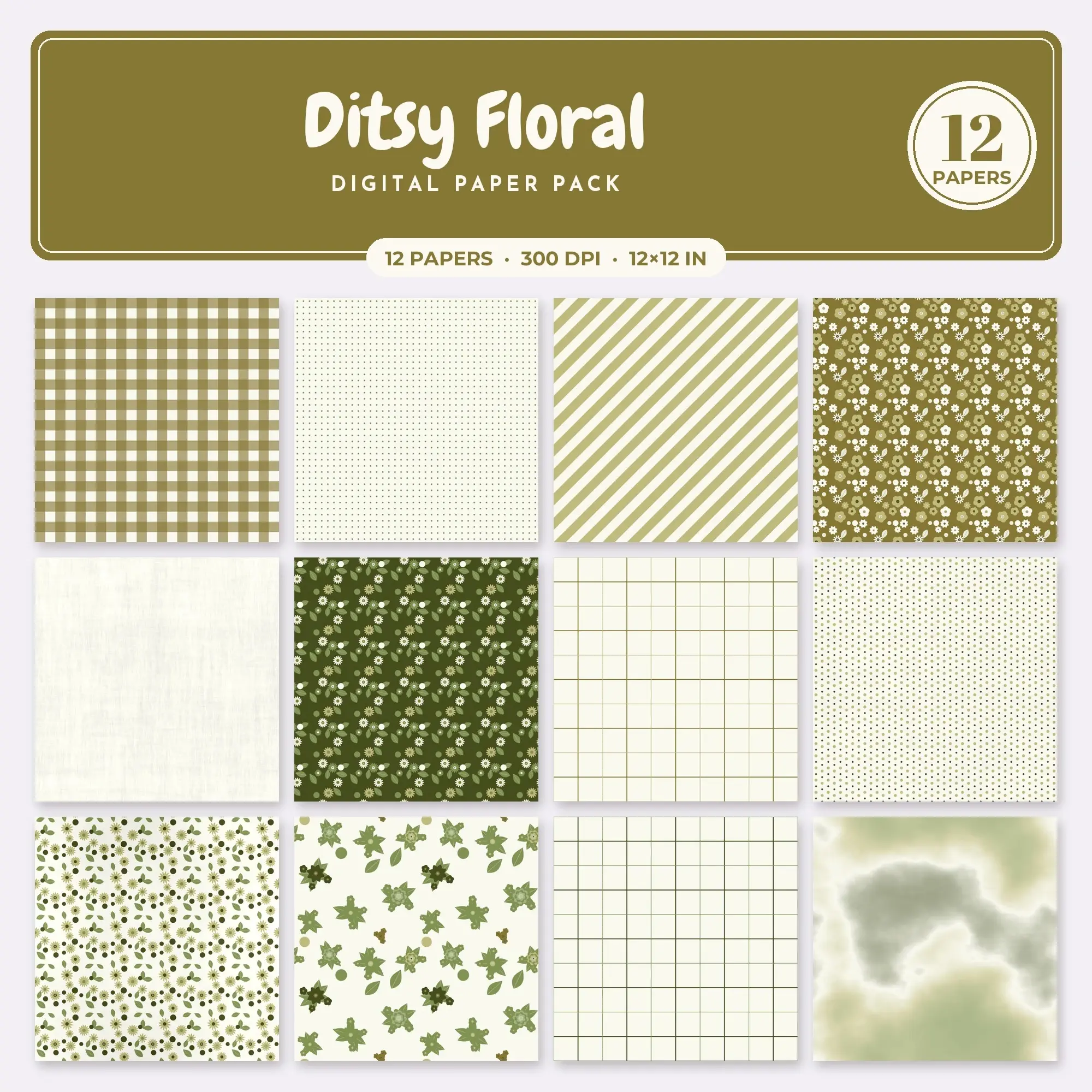 Ditsy Floral Seamless Pattern Papers in Olive and Matcha – 12 Pack preview