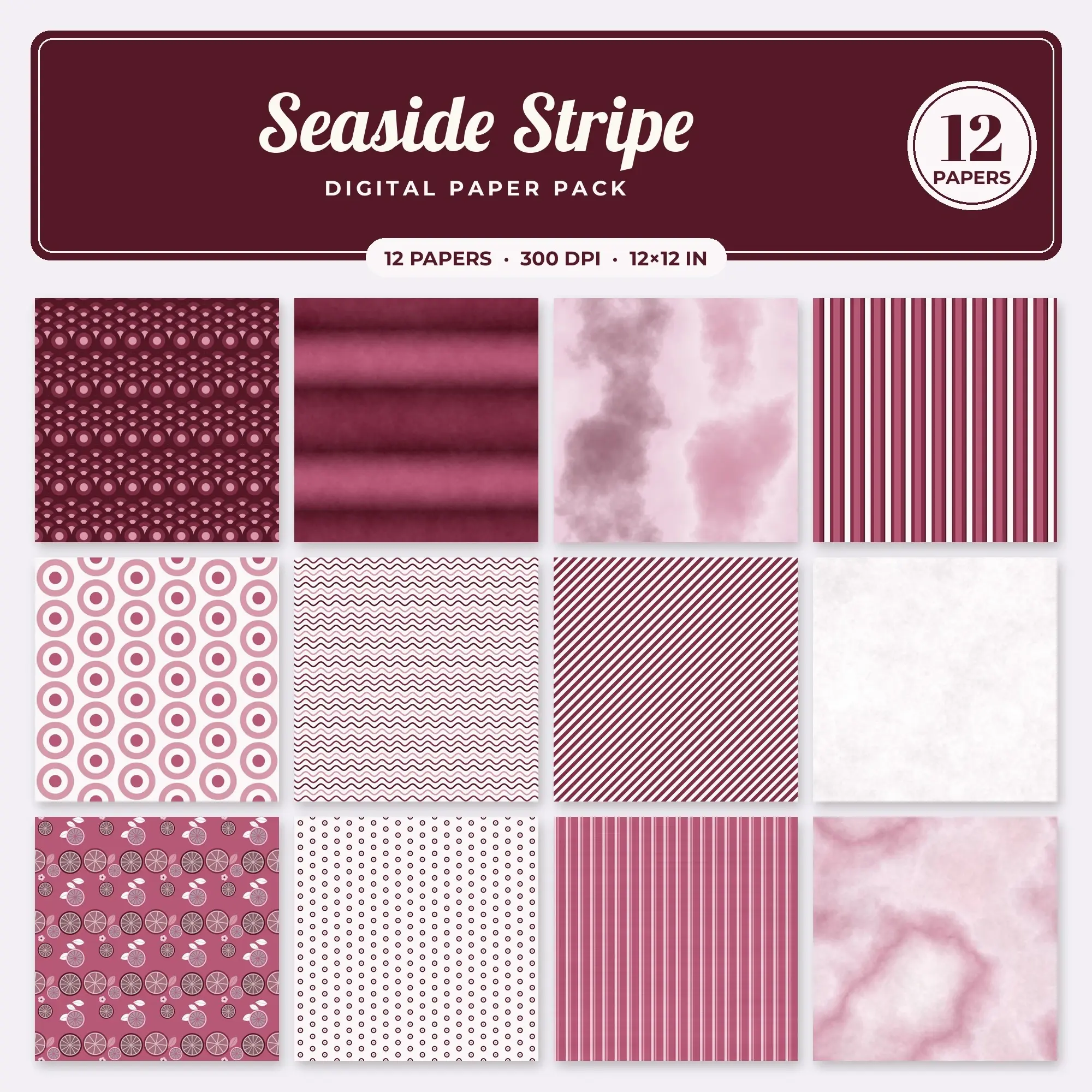 Rose & Burgundy Seaside Stripe Digital Paper Pack – 12 Seamless Patterns preview