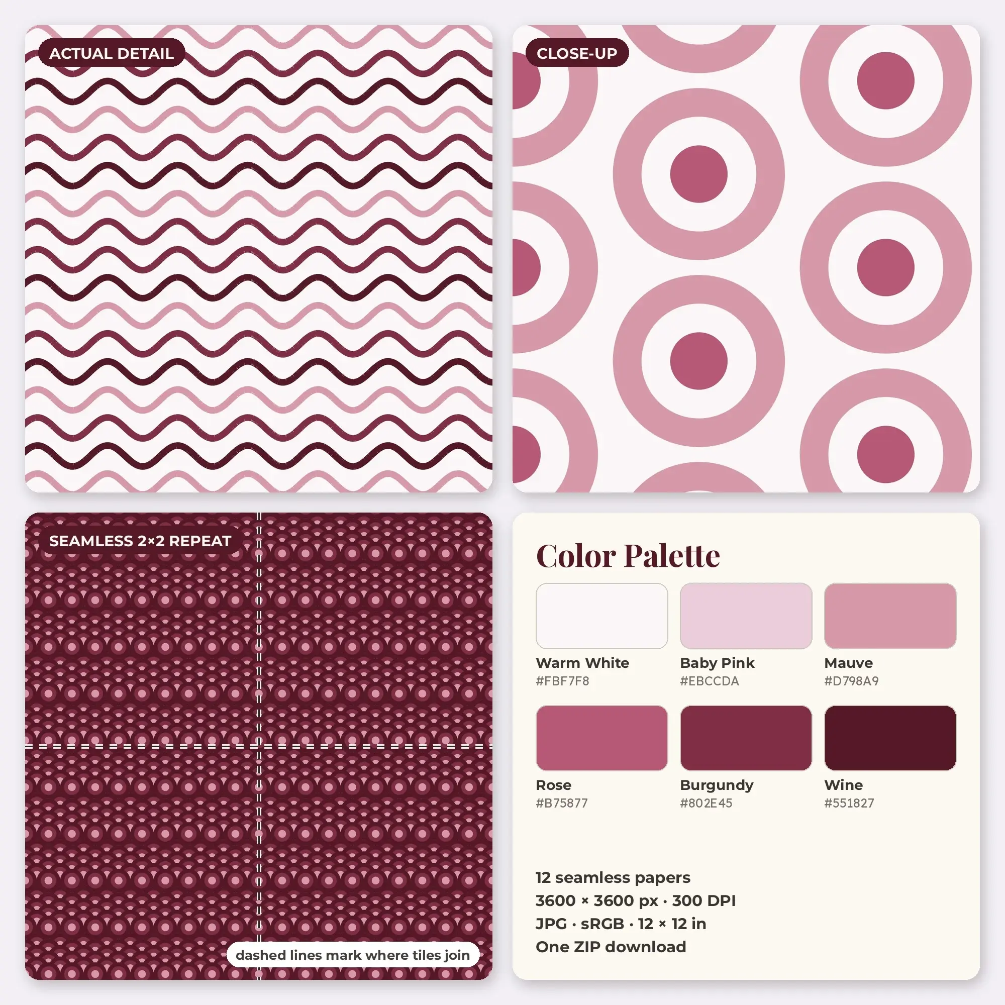 Rose & Burgundy Seaside Stripe Digital Paper Pack – 12 Seamless Patterns, preview 2 of 2