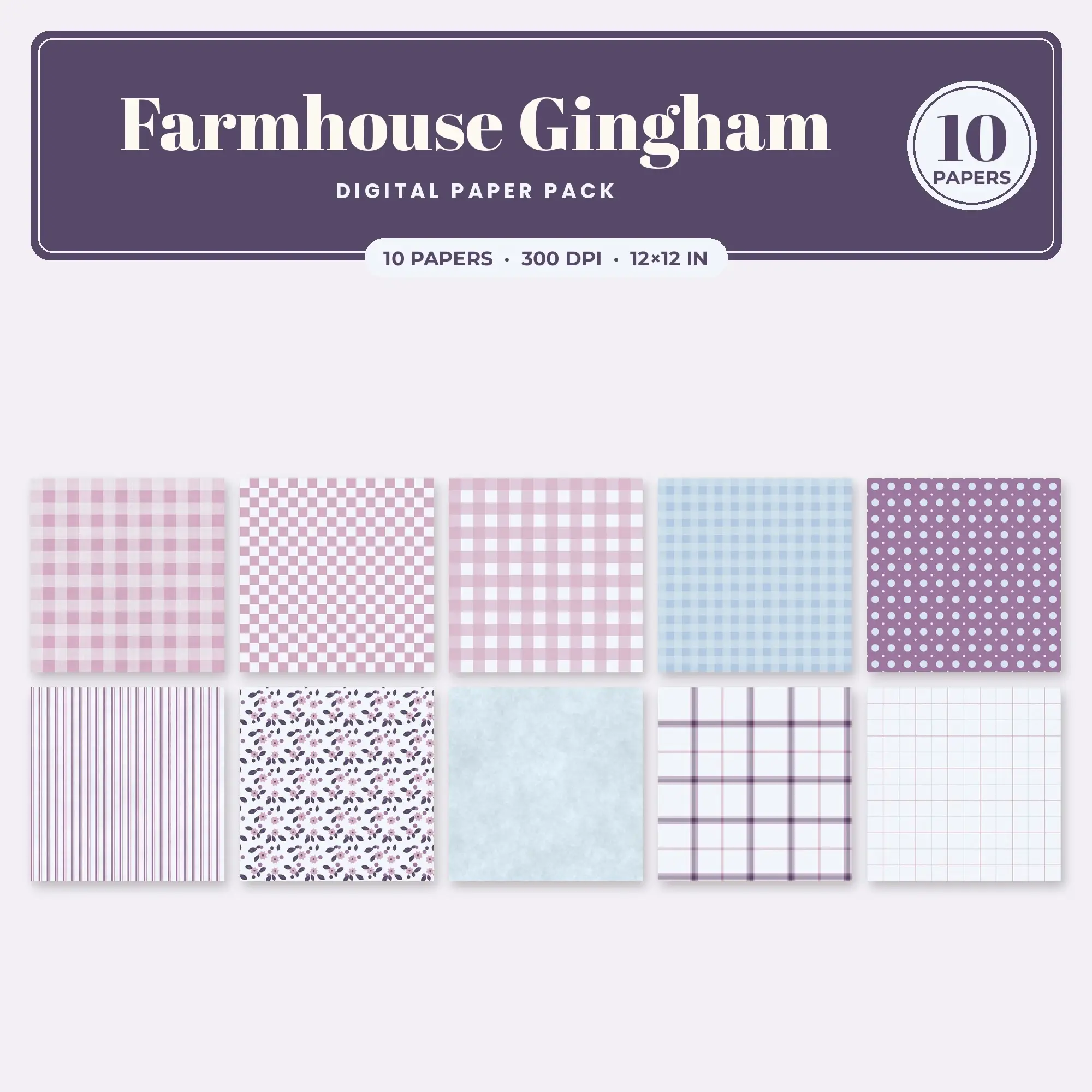 Farmhouse Gingham Seamless Pattern Papers in Powder Blue and Thistle – 10 Pack preview