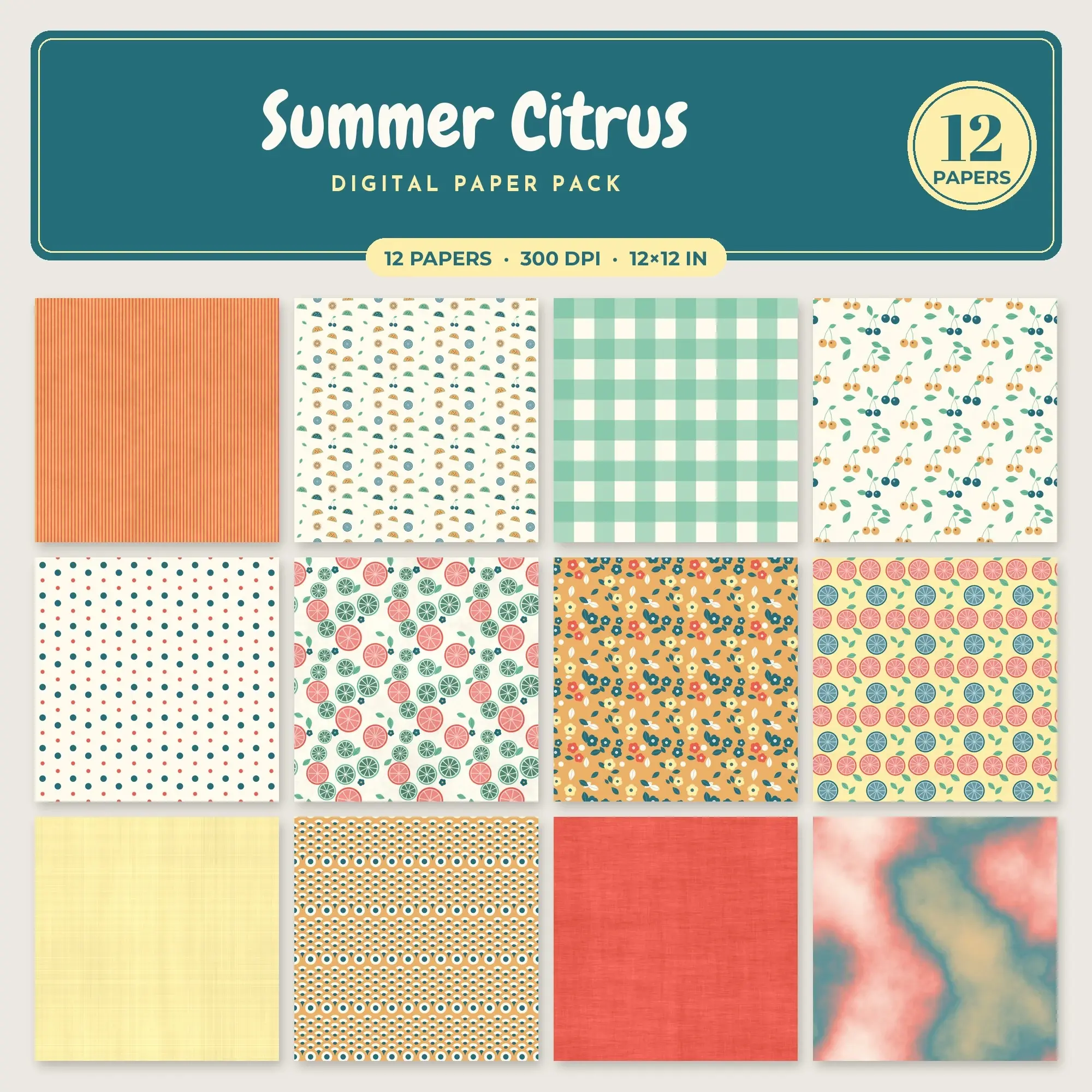 Coral & Apricot Summer Citrus Digital Paper Pack – 12 Seamless Patterns preview