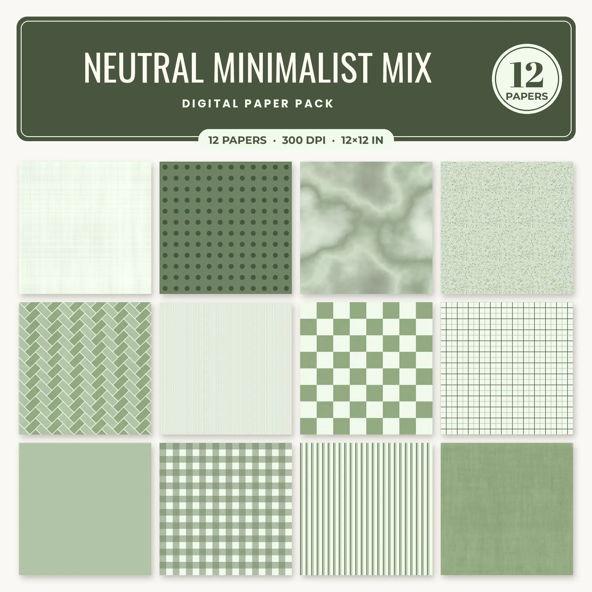 Lichen & Sage Neutral Minimalist Mix Digital Paper Pack – 12 Seamless Patterns preview