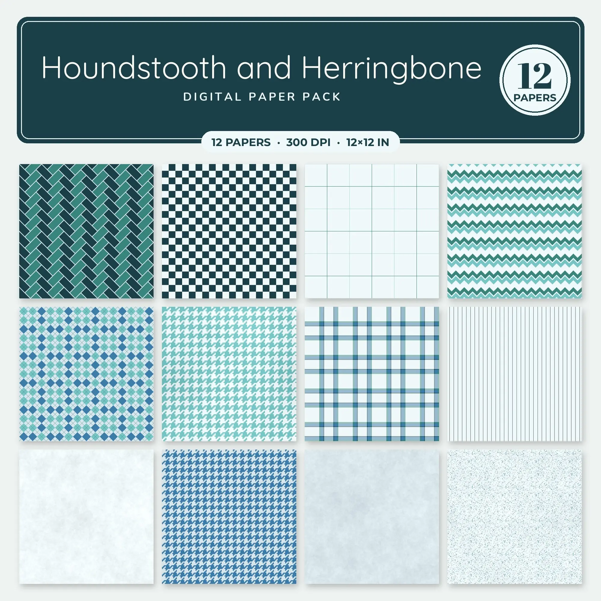 Houndstooth and Herringbone Seamless Pattern Papers in Ocean Blue and Lagoon – 12 Pack preview