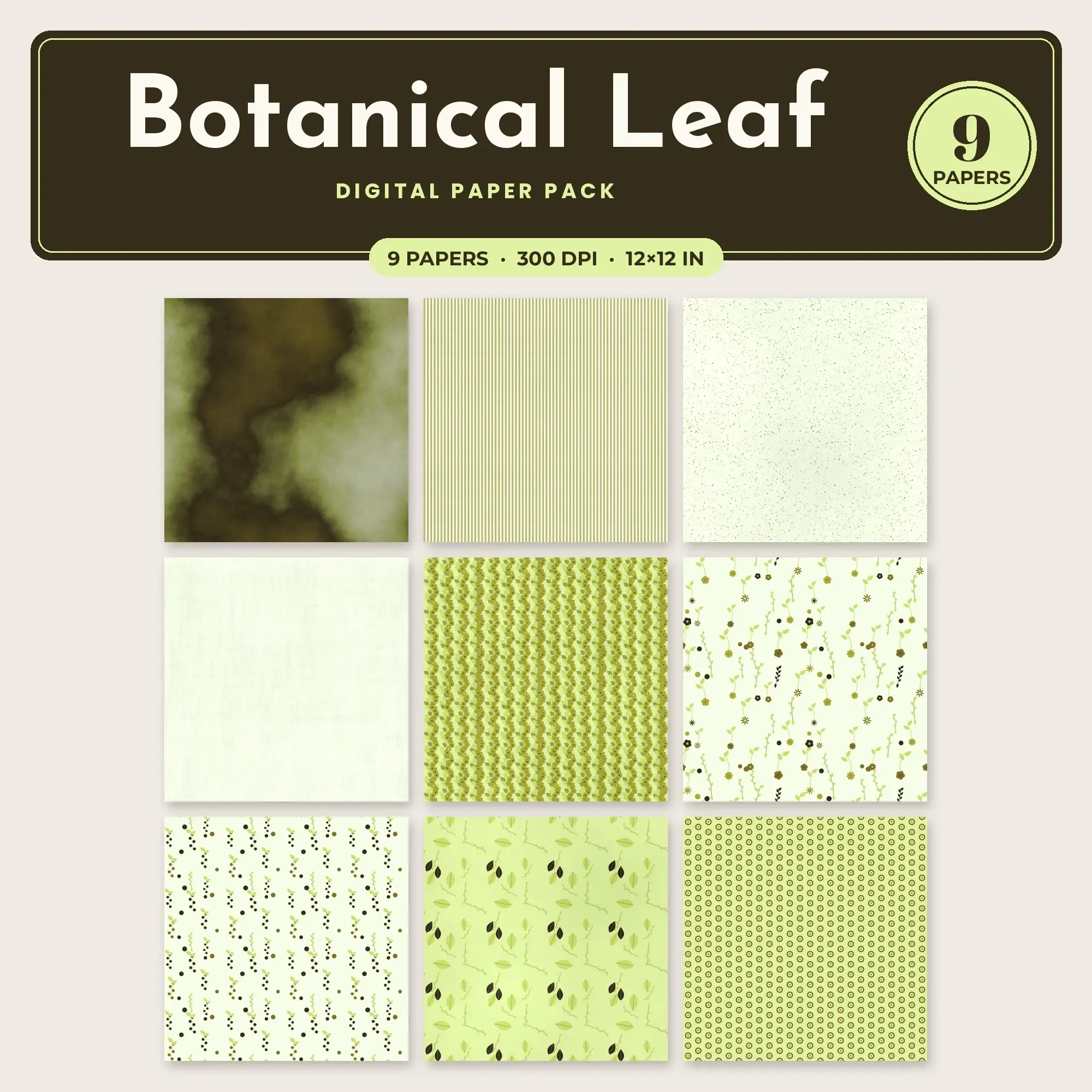 Lime & Pistachio Botanical Leaf Digital Paper Pack – 9 Seamless Patterns preview