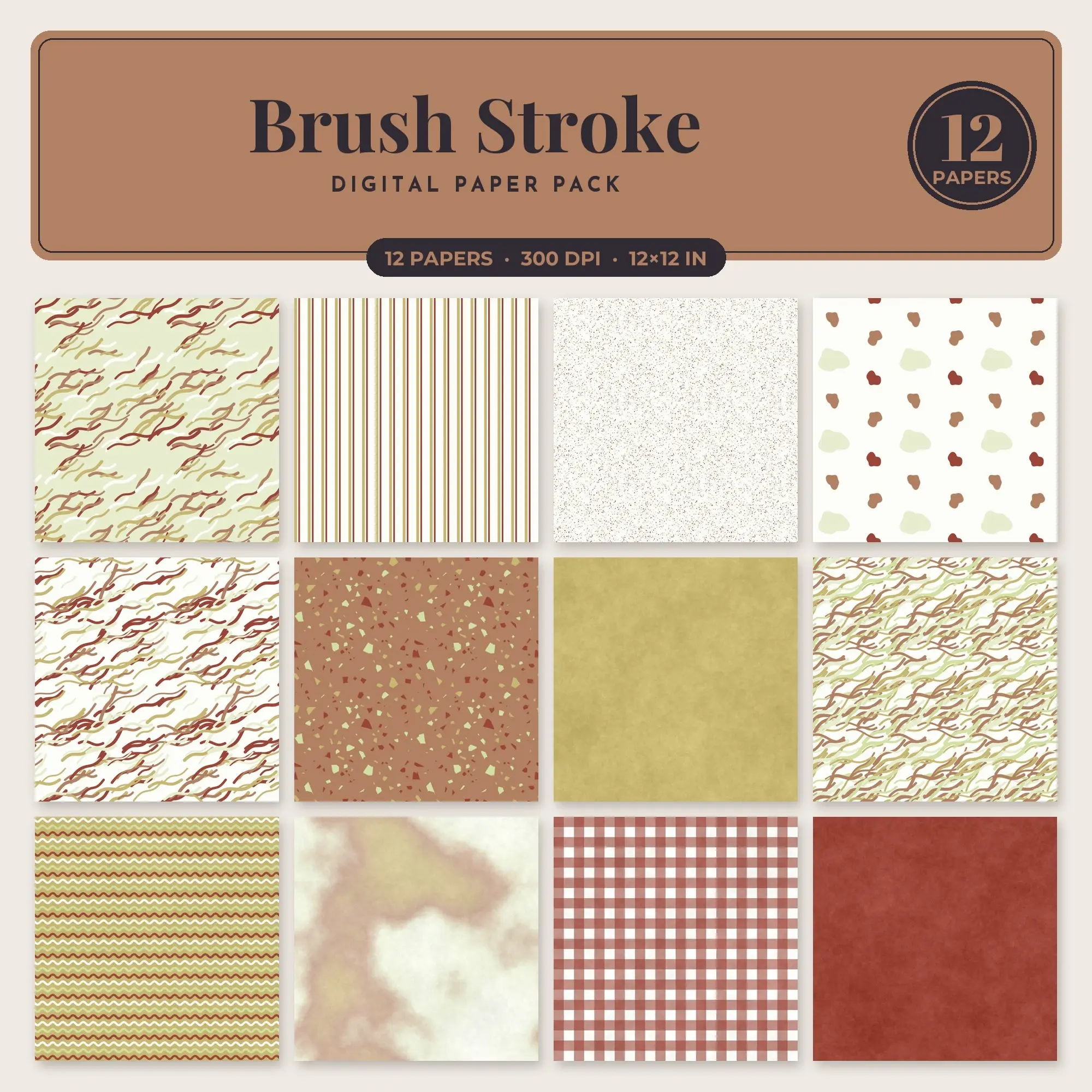 Brick Red & Pistachio Brush Stroke Seamless Digital Paper – 12 Papers, 12x12 JPG preview