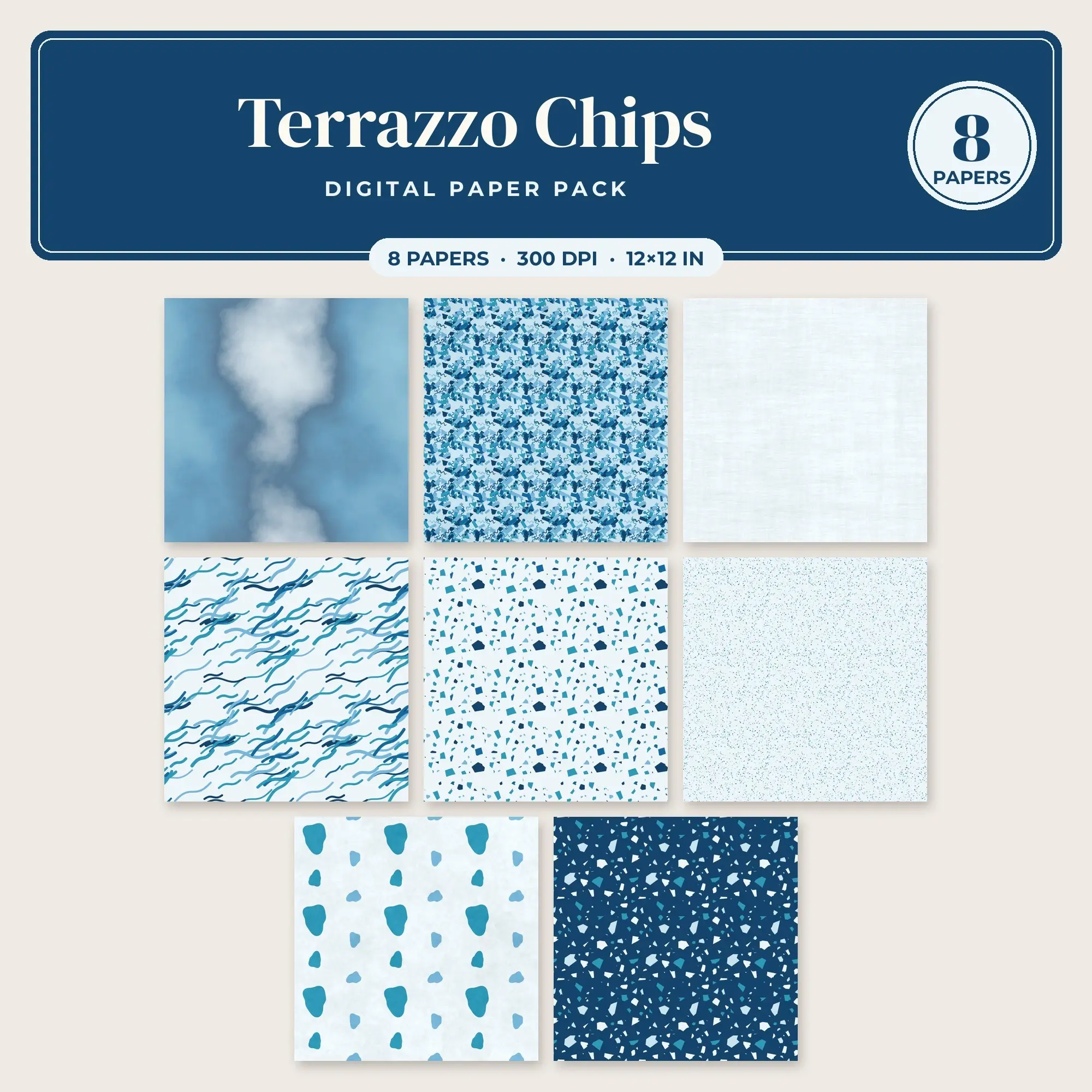 8 Ocean Blue Terrazzo Chips Seamless Patterns – Digital Paper preview