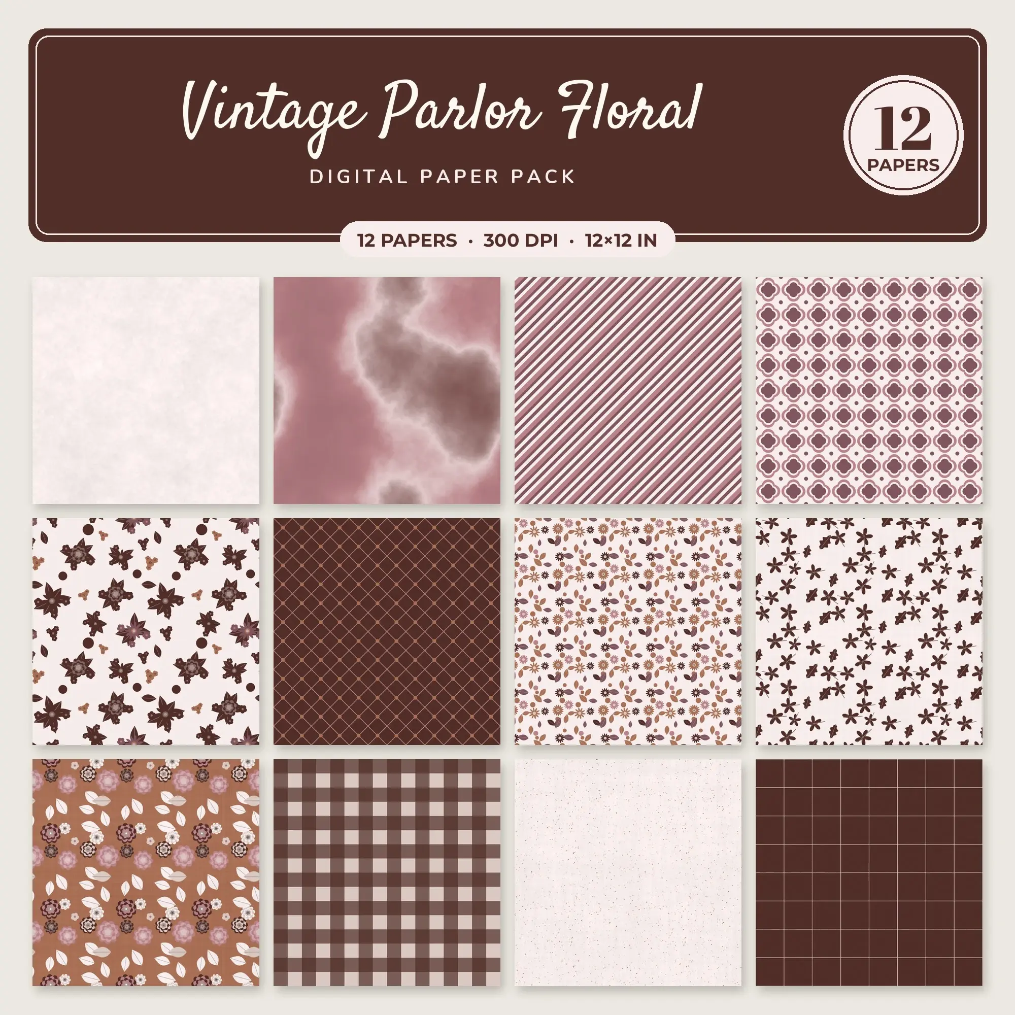 Vintage Parlor Floral Seamless Pattern Papers in Cinnamon and Antique Rose – 12 Pack preview