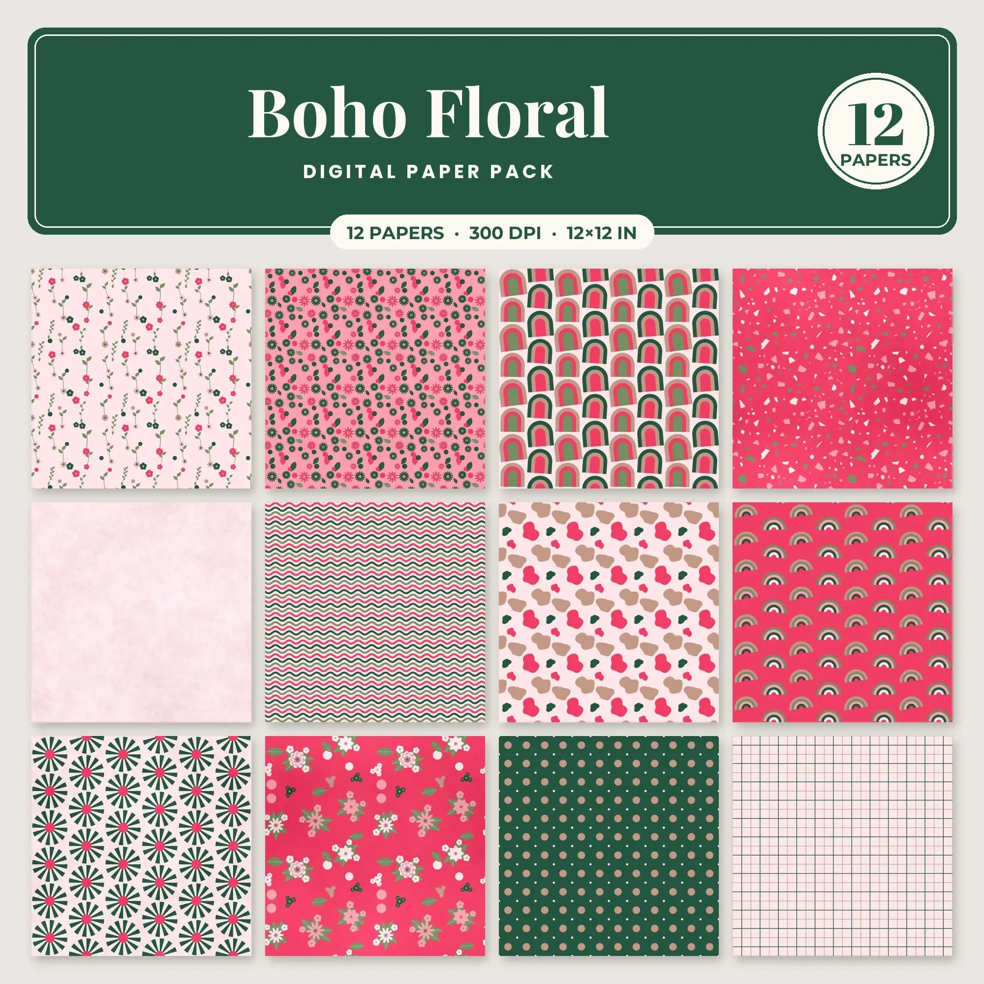 Boho Floral Digital Paper – 12 Seamless Watermelon & Bubblegum Patterns preview