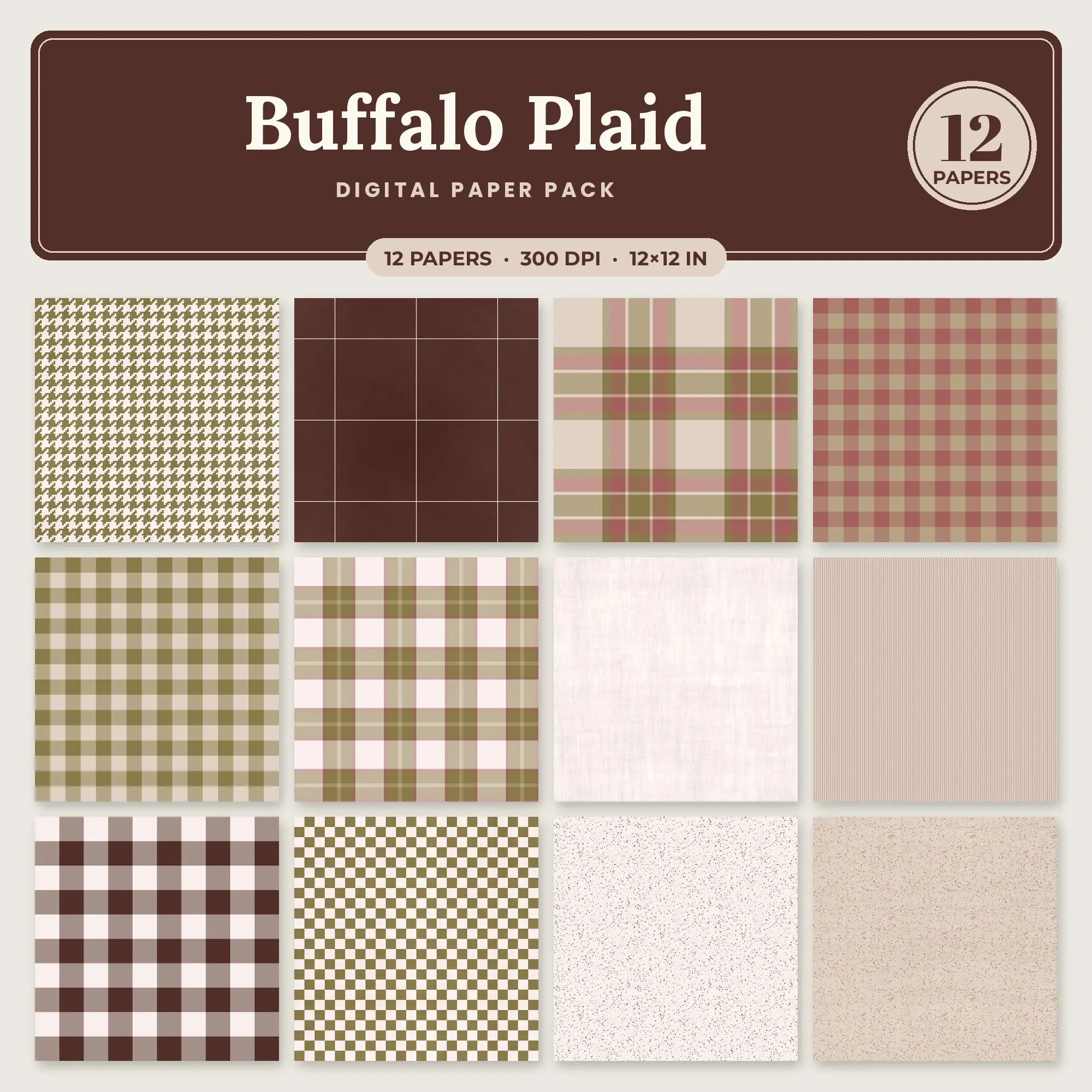 Antique Rose & Olive Buffalo Plaid Seamless Digital Paper – 12 Papers, 12x12 JPG preview