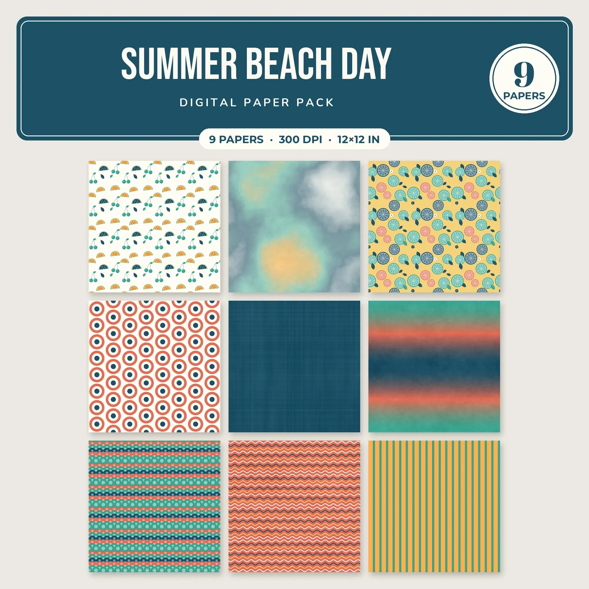 Amber & Butter Yellow Summer Beach Day Seamless Digital Paper – 9 Papers, 12x12 JPG preview