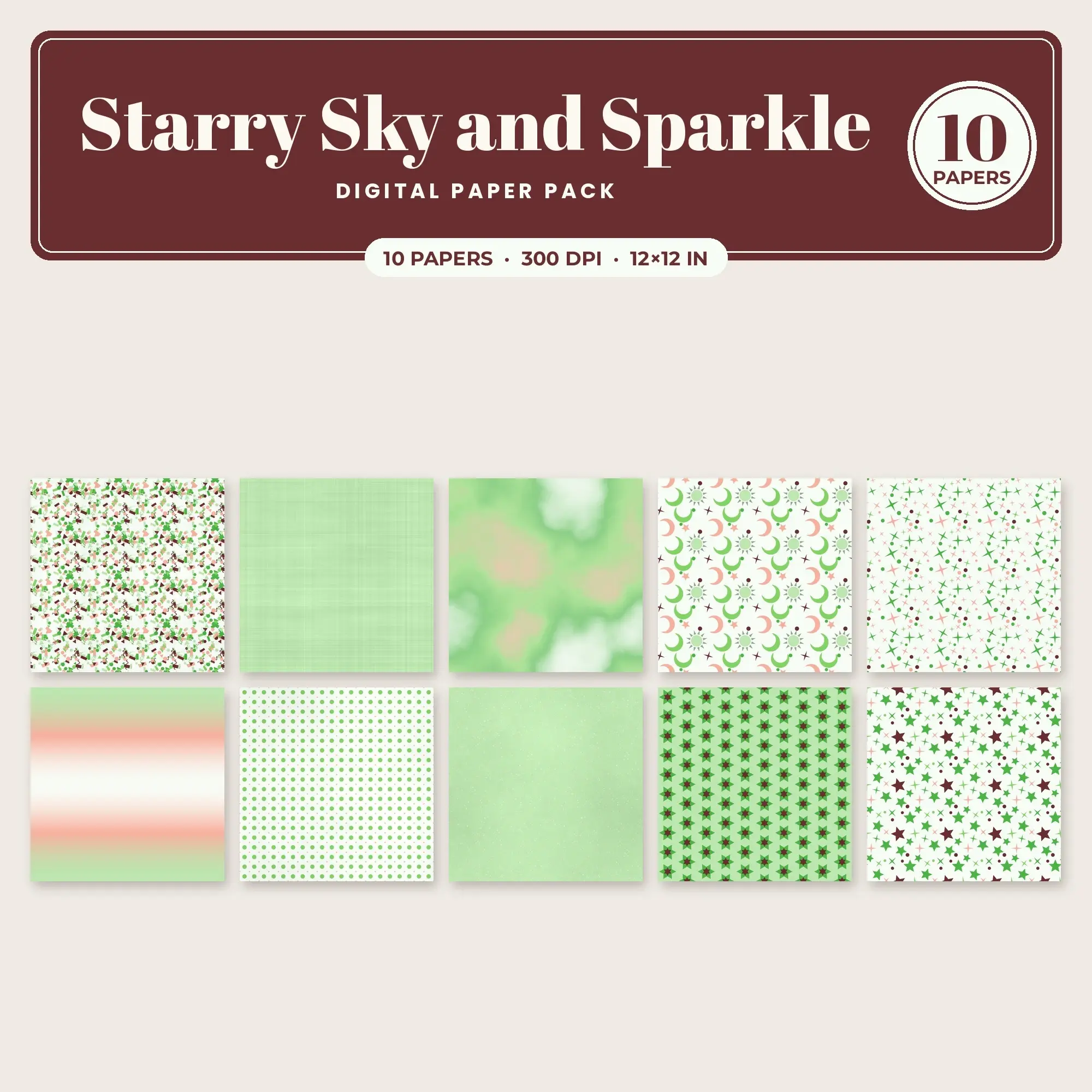 10 Salmon Starry Sky and Sparkle Seamless Patterns – Digital Paper, preview 1 of 2
