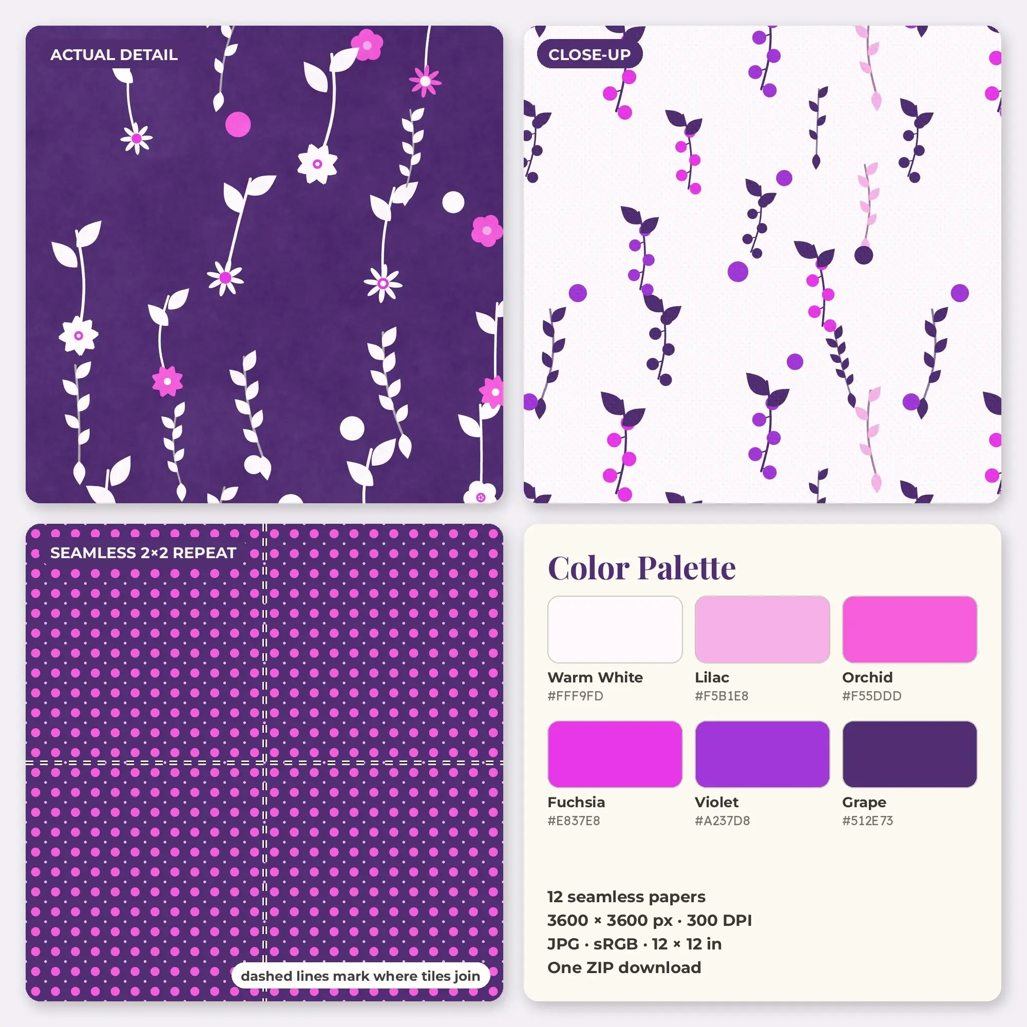 Orchid & Fuchsia Wildflower Meadow Seamless Digital Paper – 12 Papers, 12x12 JPG, preview 2 of 2