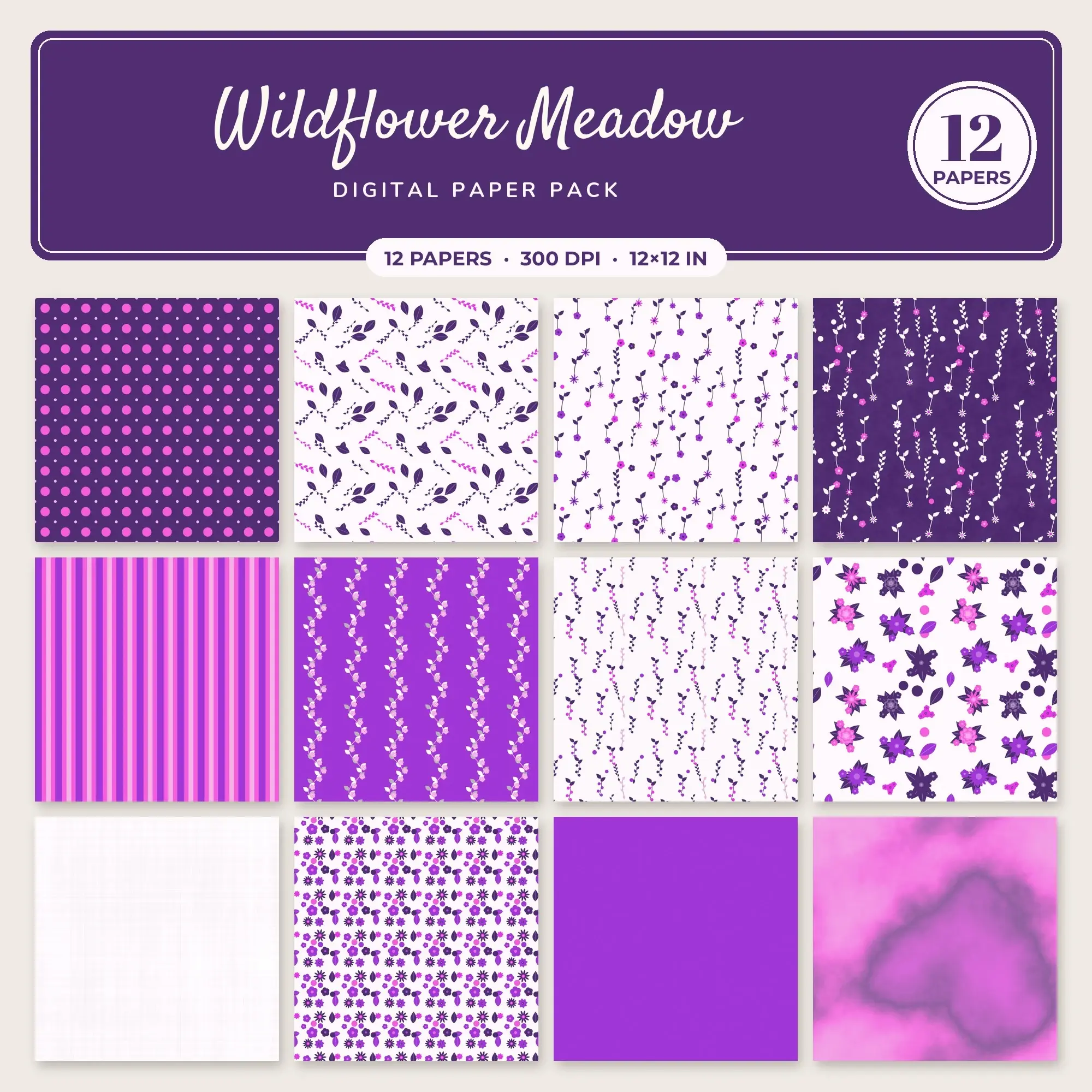 Orchid & Fuchsia Wildflower Meadow Seamless Digital Paper – 12 Papers, 12x12 JPG preview