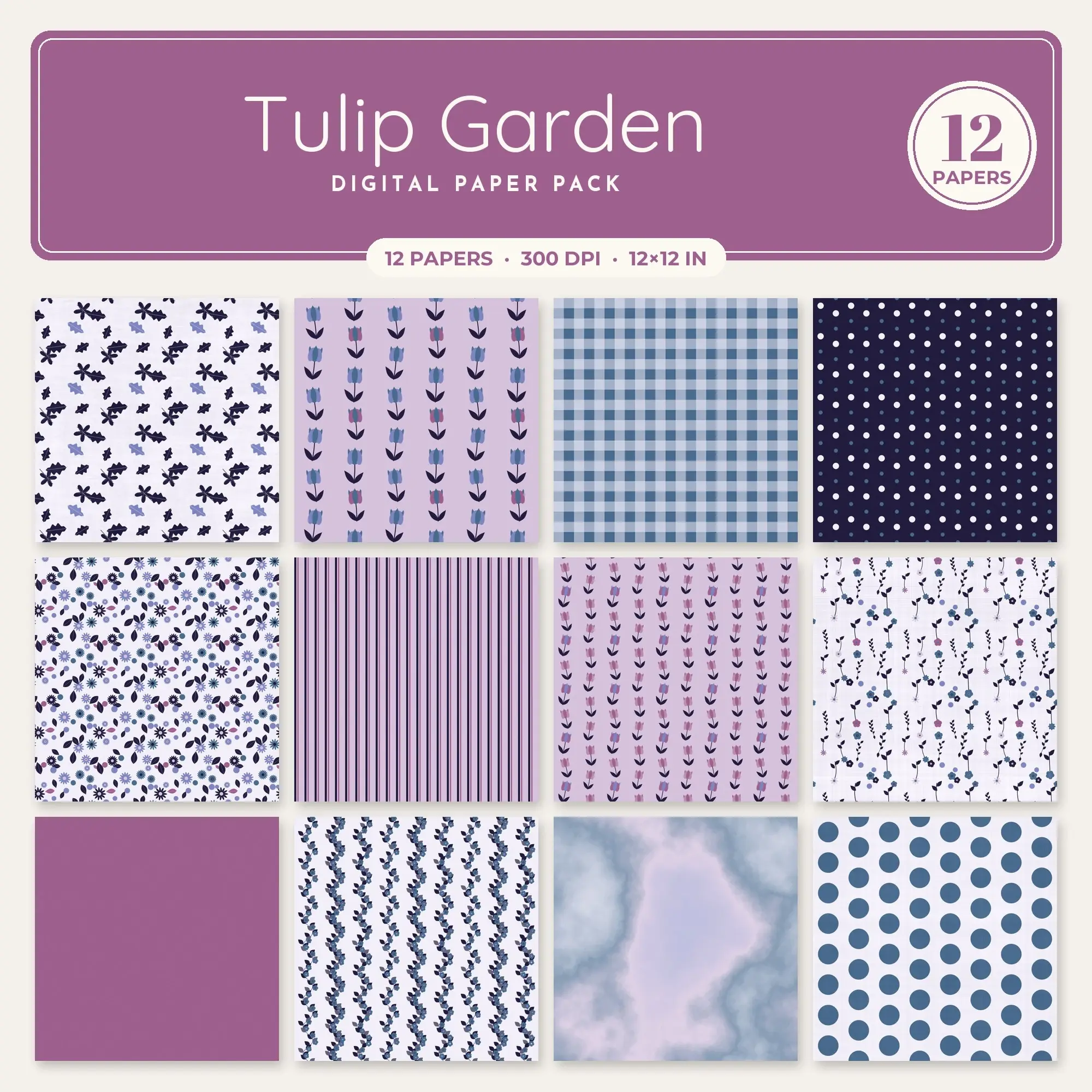 Cornflower & Denim Tulip Garden Digital Paper Pack – 12 Seamless Patterns preview