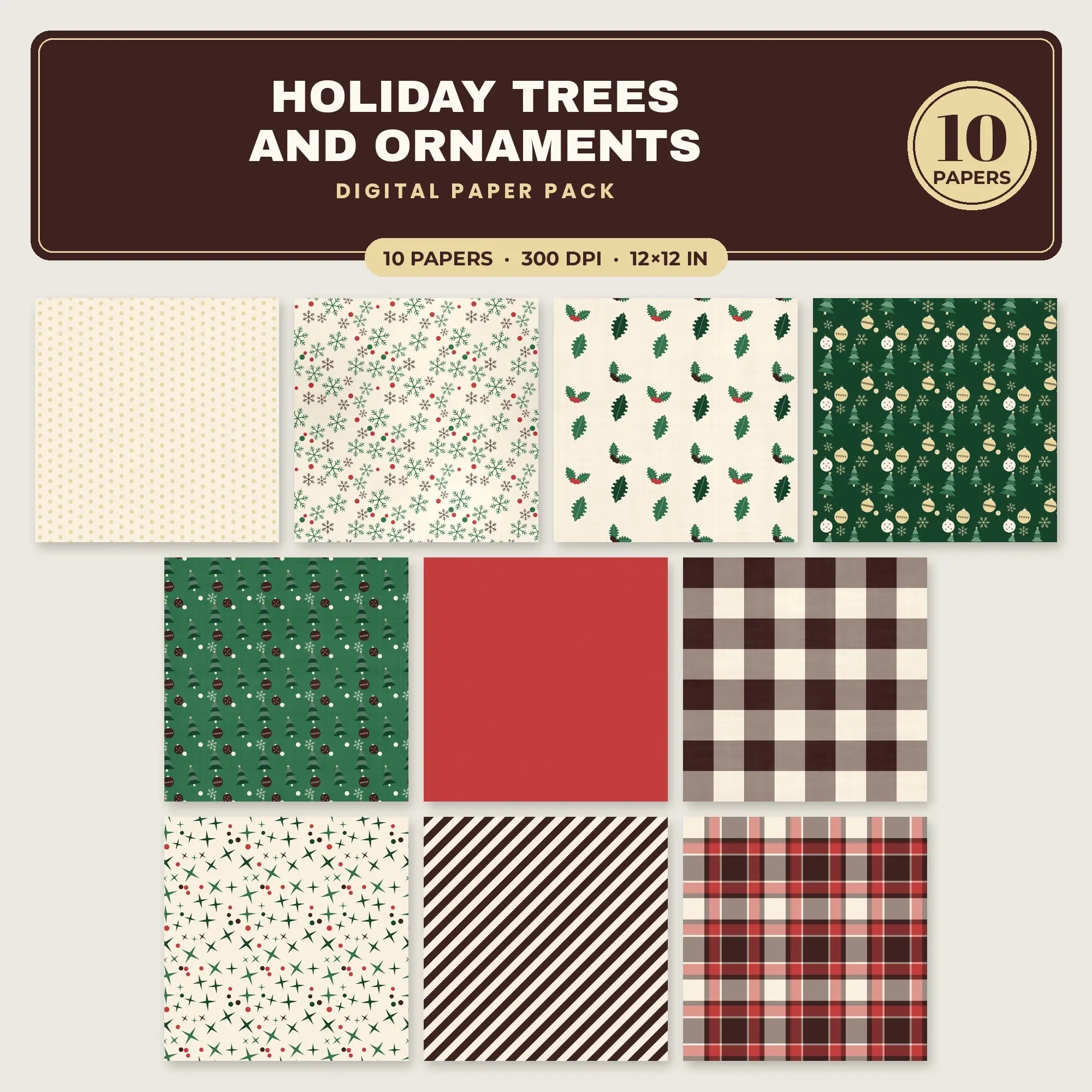 Cherry Red & Hunter Green Holiday Trees and Ornaments Seamless Digital Paper – 10 Papers, 12x12 JPG preview