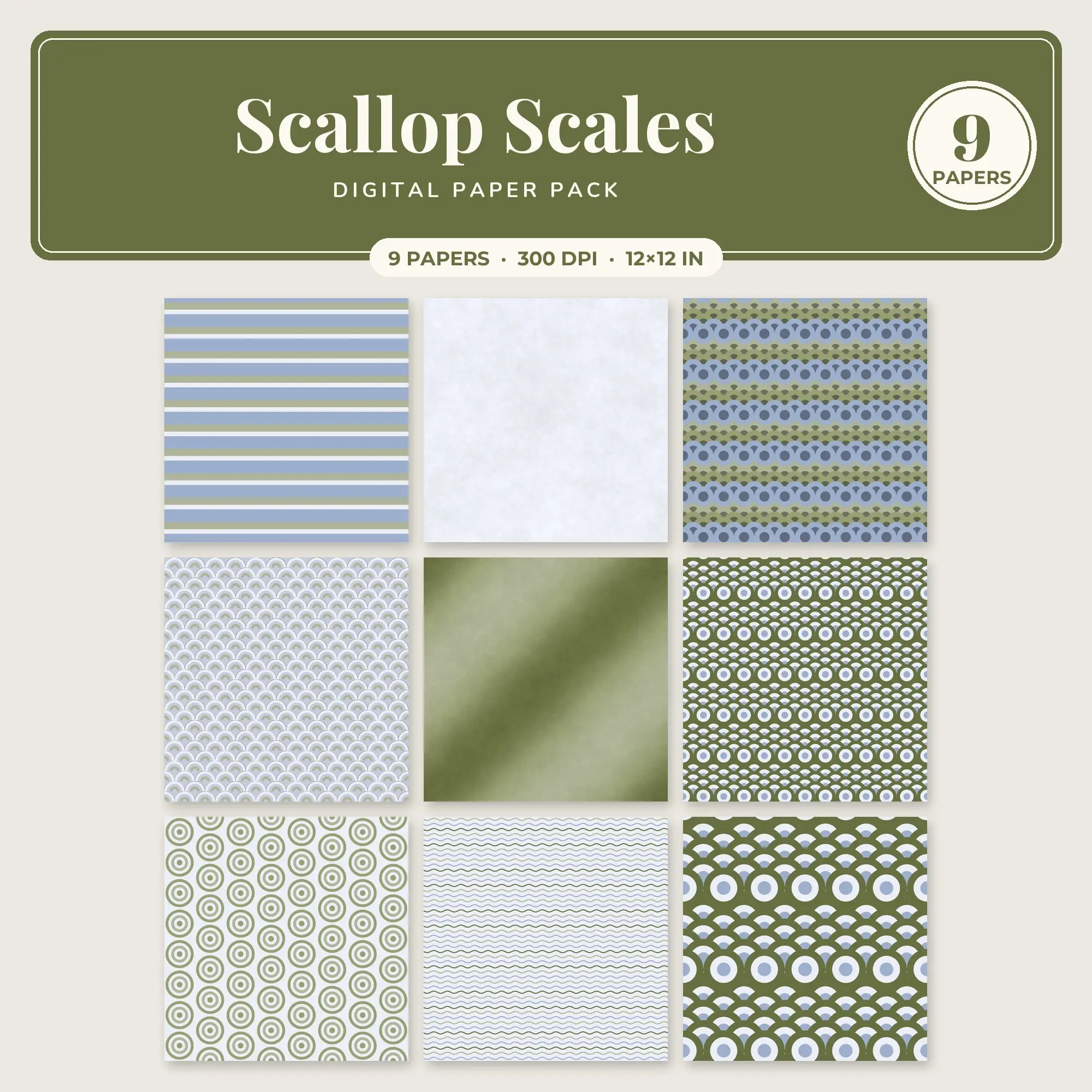 9 Dusty Blue Scallop Scales Seamless Patterns – Digital Paper preview