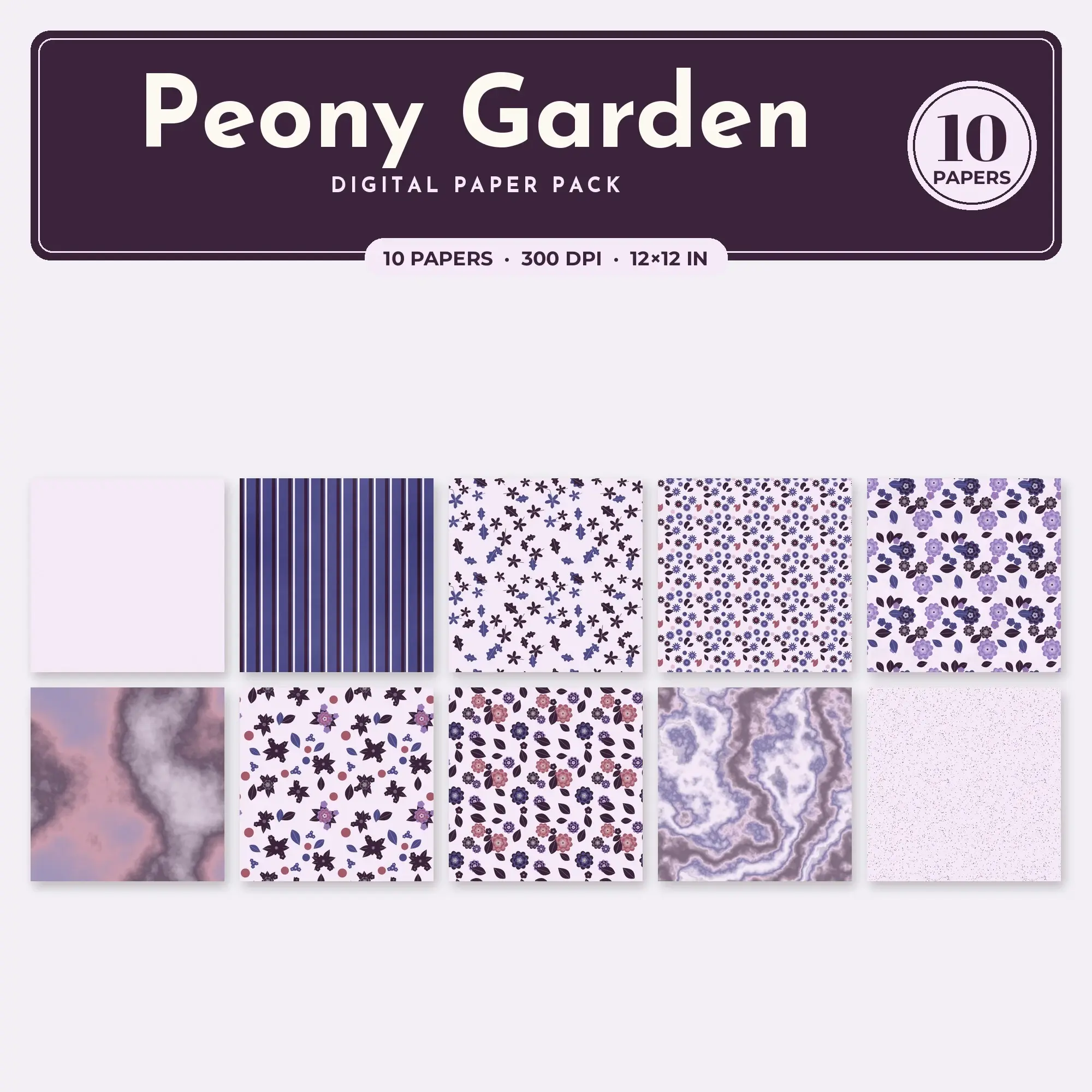 Peony Garden Digital Paper – 10 Seamless Amethyst & Rose Patterns preview