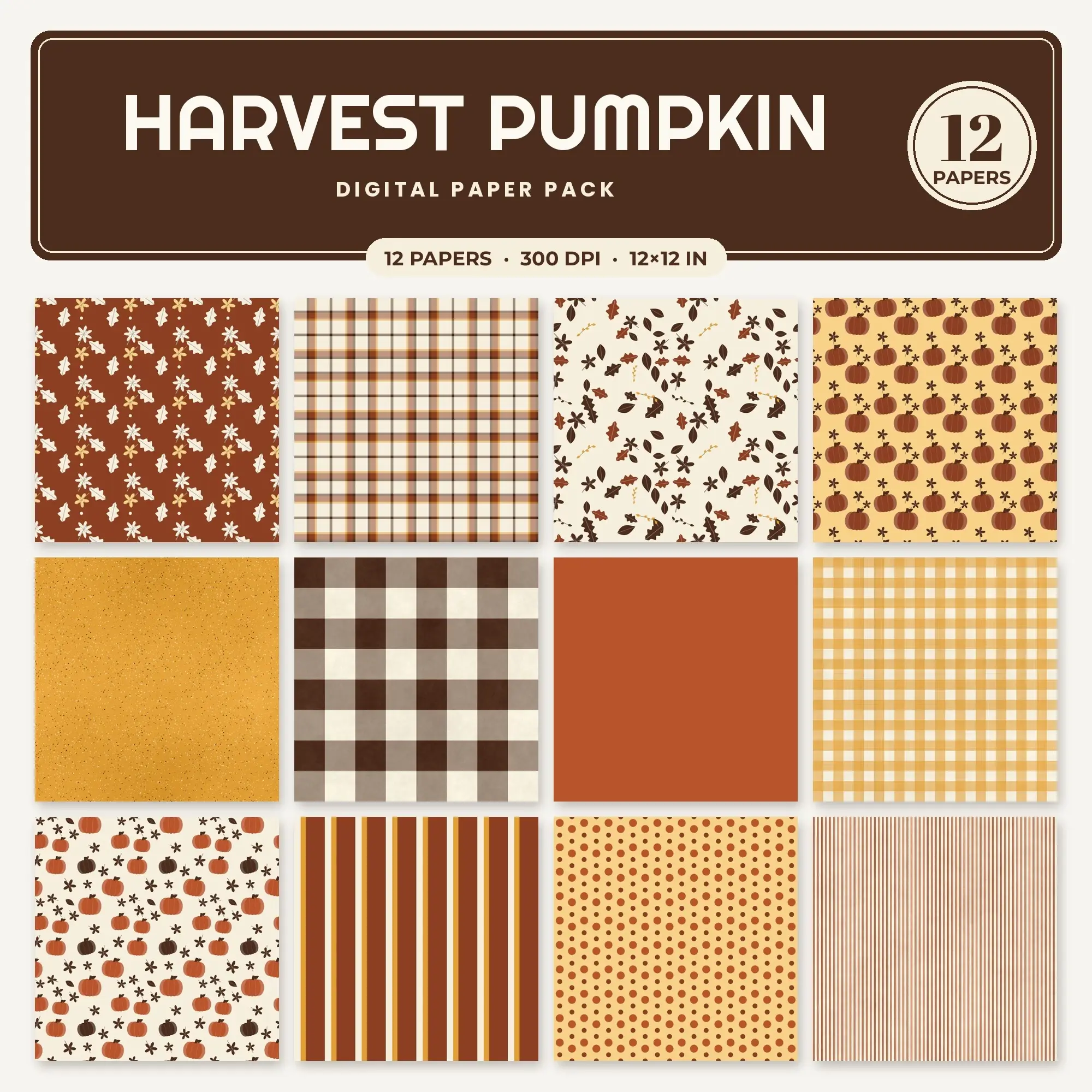 Amber & Butter Yellow Harvest Pumpkin Digital Paper Pack – 12 Seamless Patterns preview