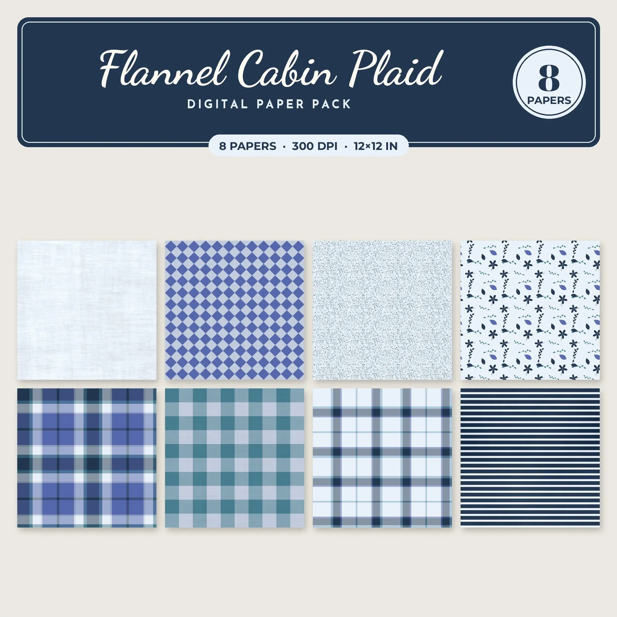 Flannel Cabin Plaid Seamless Pattern Papers in Dusty Blue and Denim – 8 Pack preview