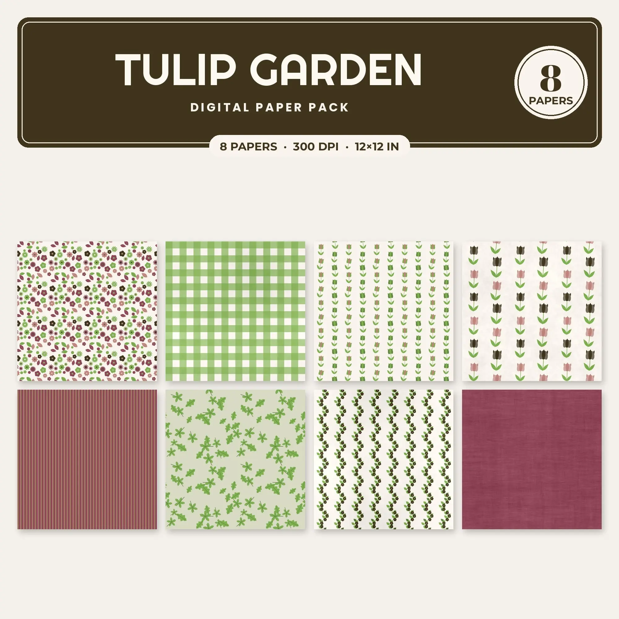 Leaf Green Tulip Garden Seamless Digital Paper Pack, 8 Papers 12x12 preview