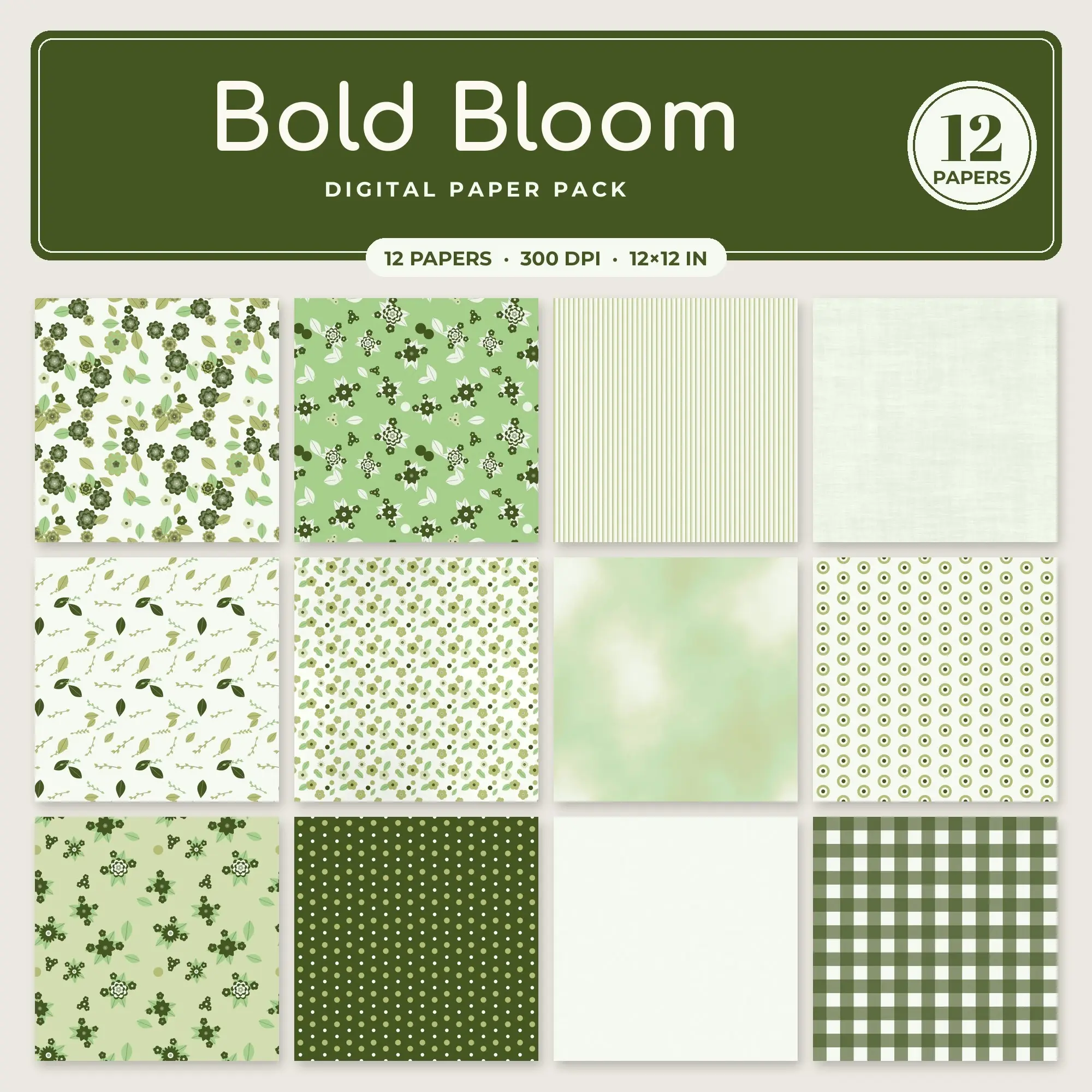 Pistachio Bold Bloom Seamless Digital Paper Pack, 12 Papers 12x12 preview