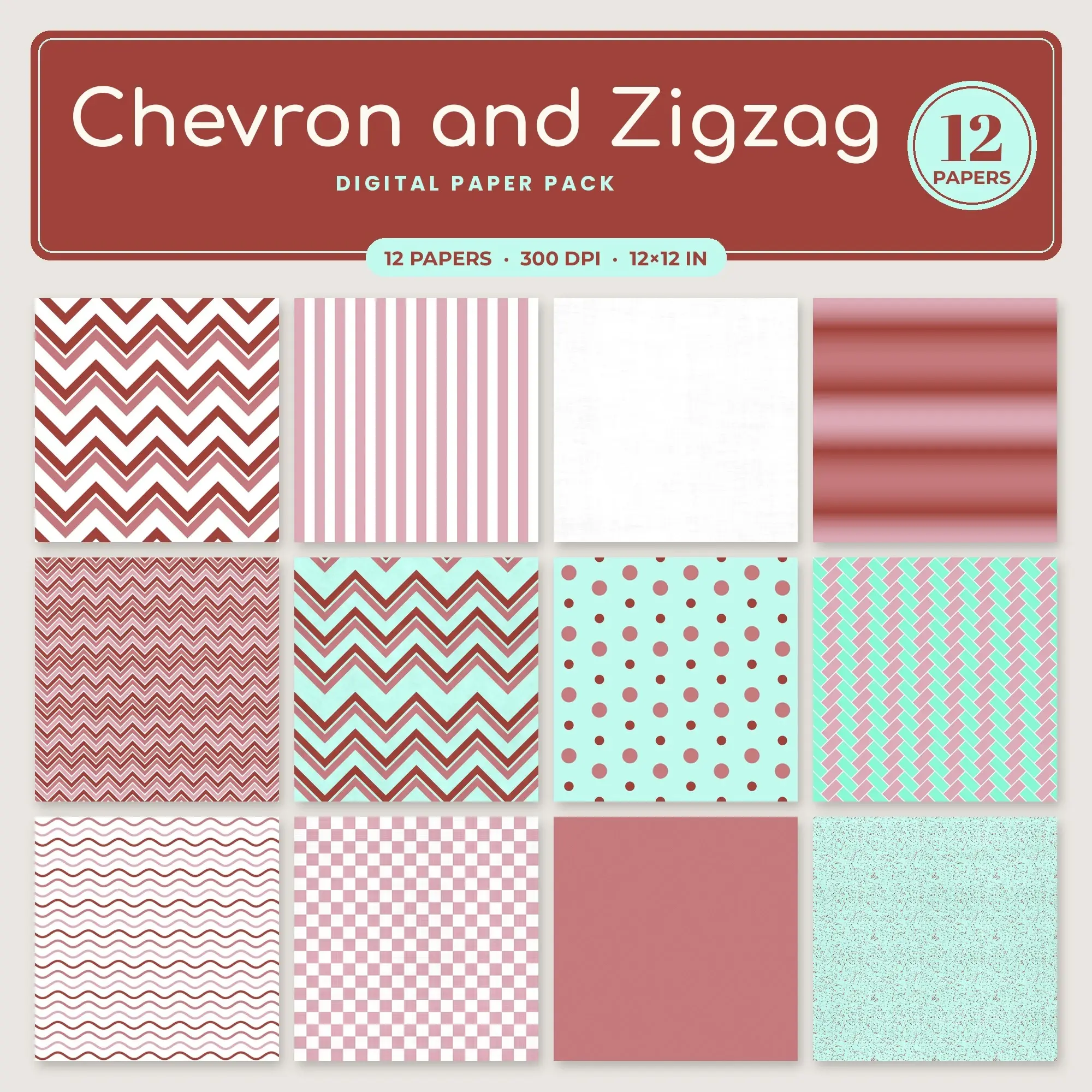Chevron and Zigzag Digital Paper – 12 Seamless Aqua & Mint Patterns preview