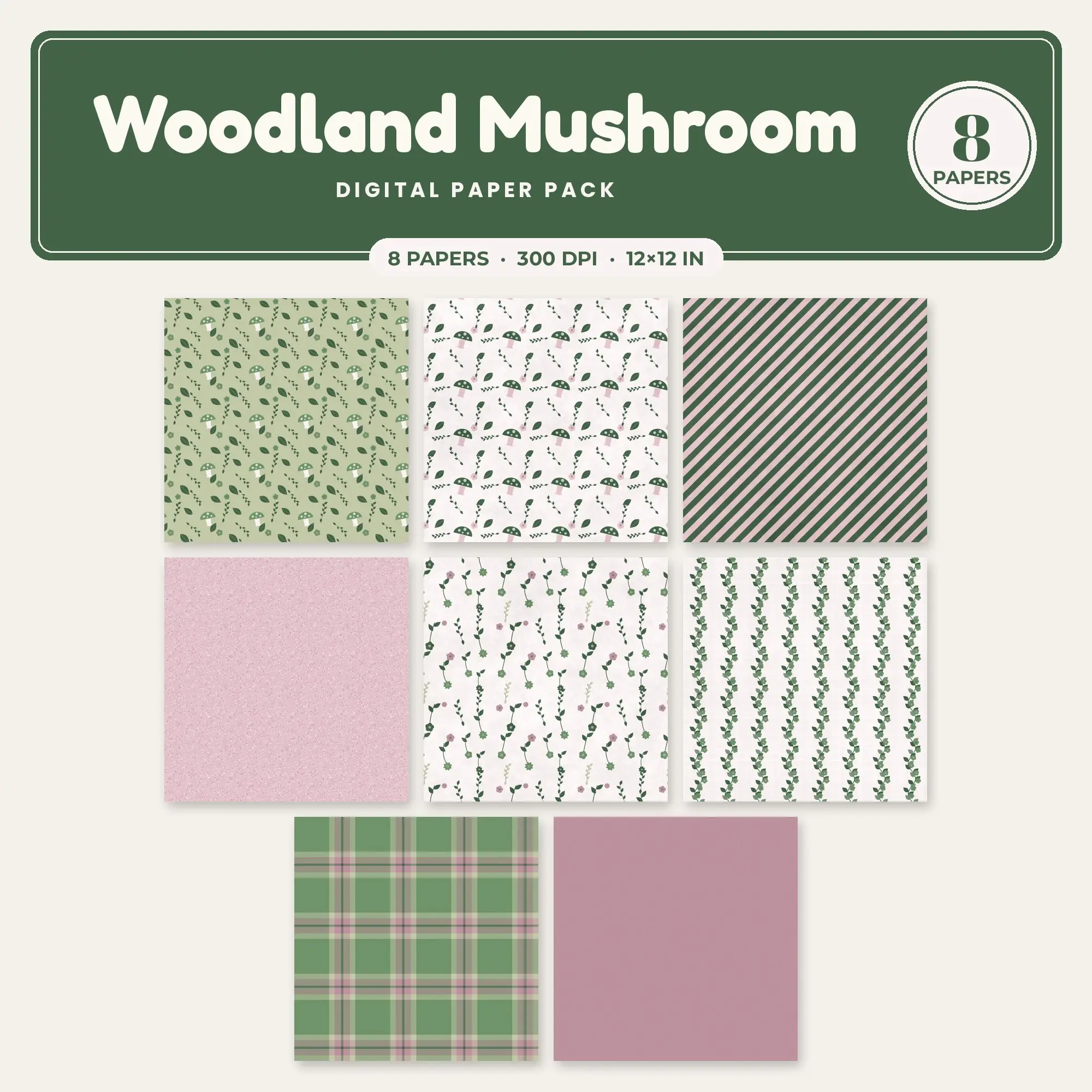 8 Petal Pink Woodland Mushroom Seamless Patterns – Digital Paper preview