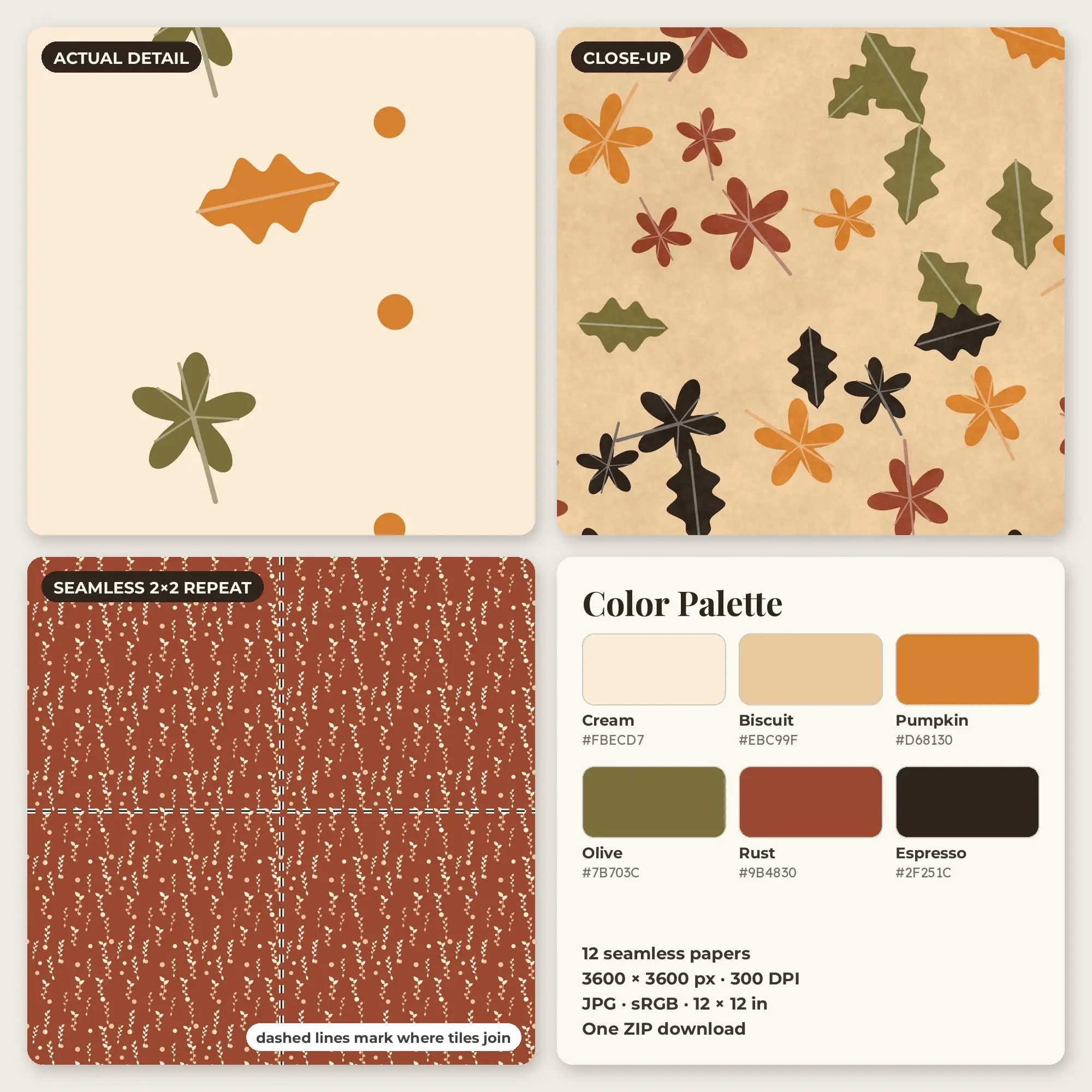 Pumpkin & Rust Autumn Leaves Seamless Digital Paper – 12 Papers, 12x12 JPG, preview 2 of 2
